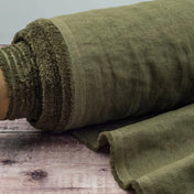 Washed Pure Olive Green Linen Fabric 205 g/m²