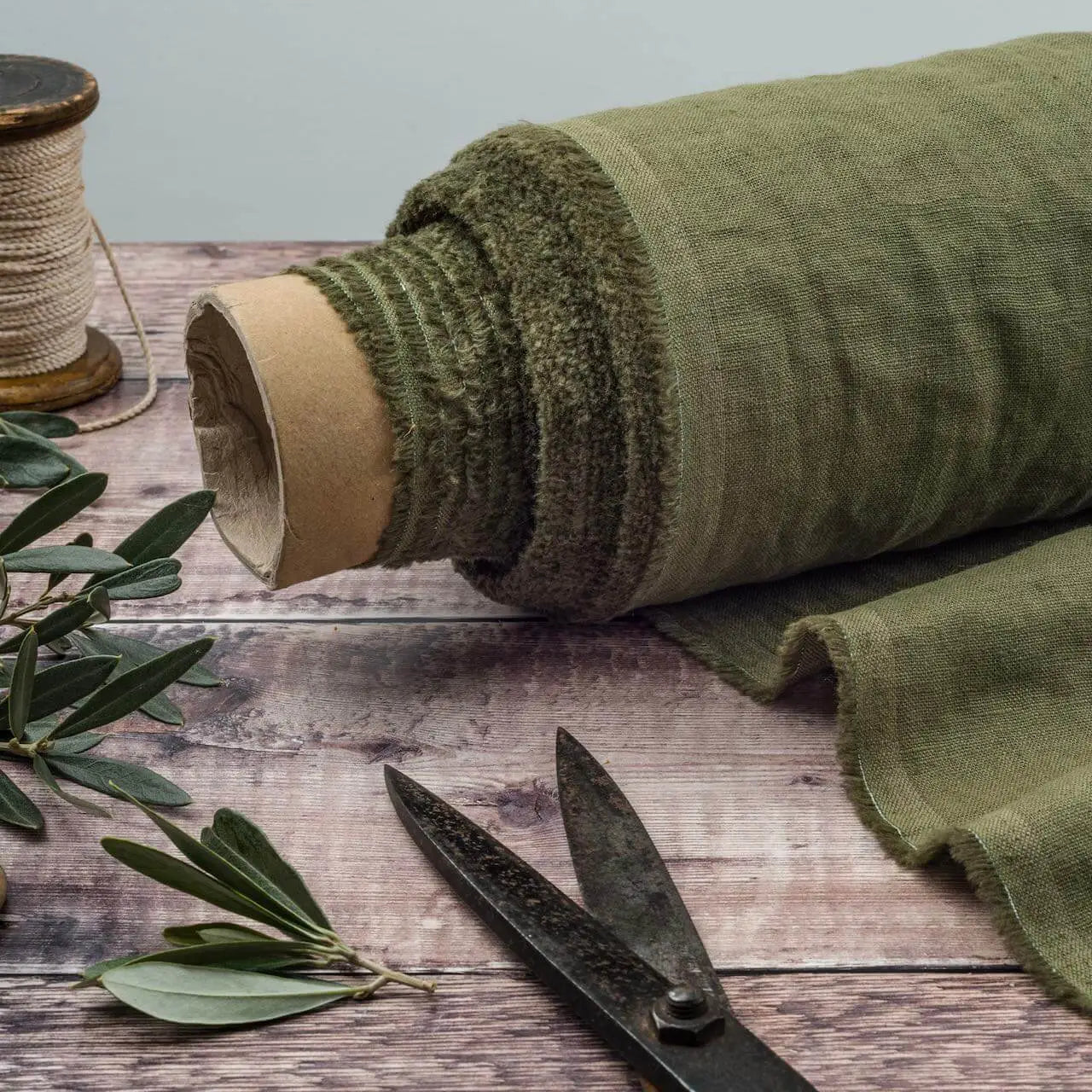 Washed Pure Olive Green Linen Fabric 205 g/m²