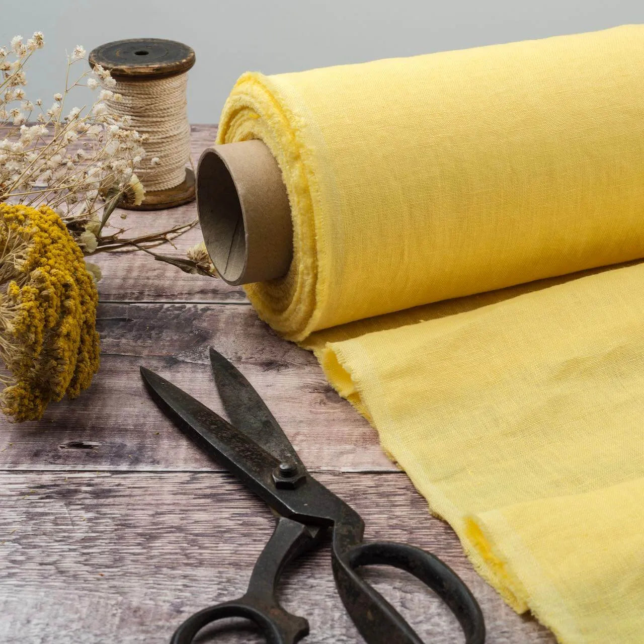 Washed Pure Pale Yellow Linen Fabric 205 g/m²