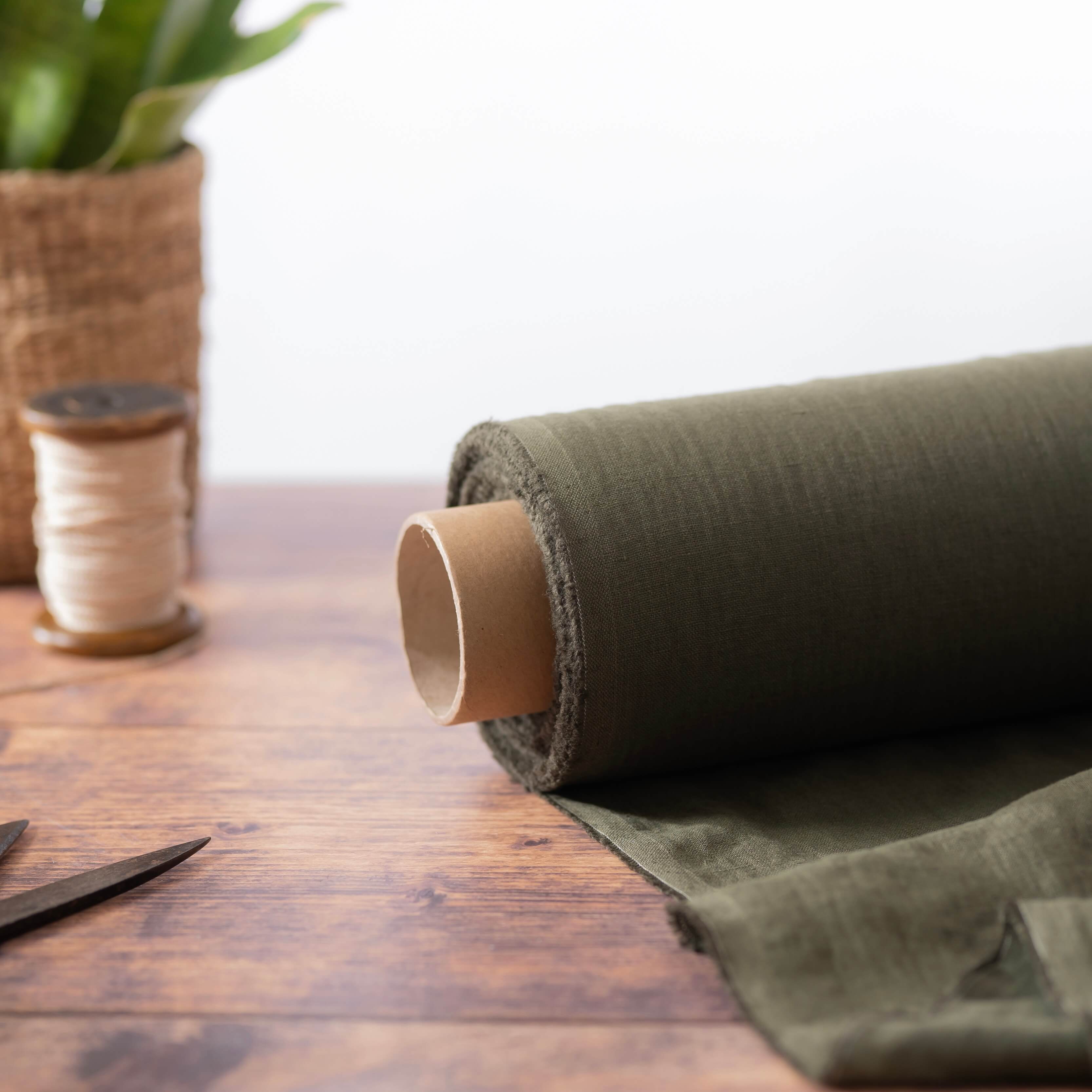 Washed Pure Khaki Green Linen Fabric 205 g/m²
