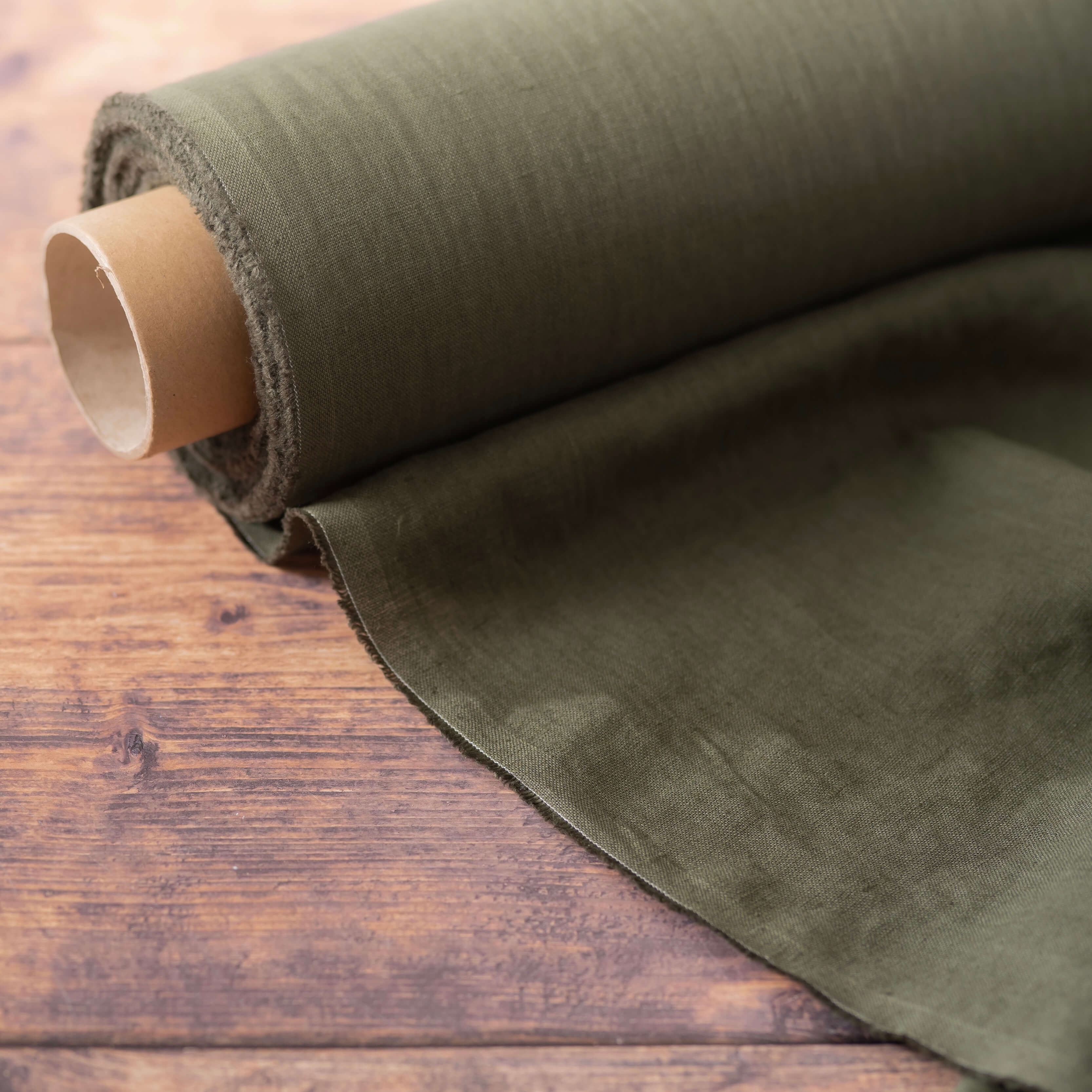 Washed Pure Khaki Green Linen Fabric 205 g/m²
