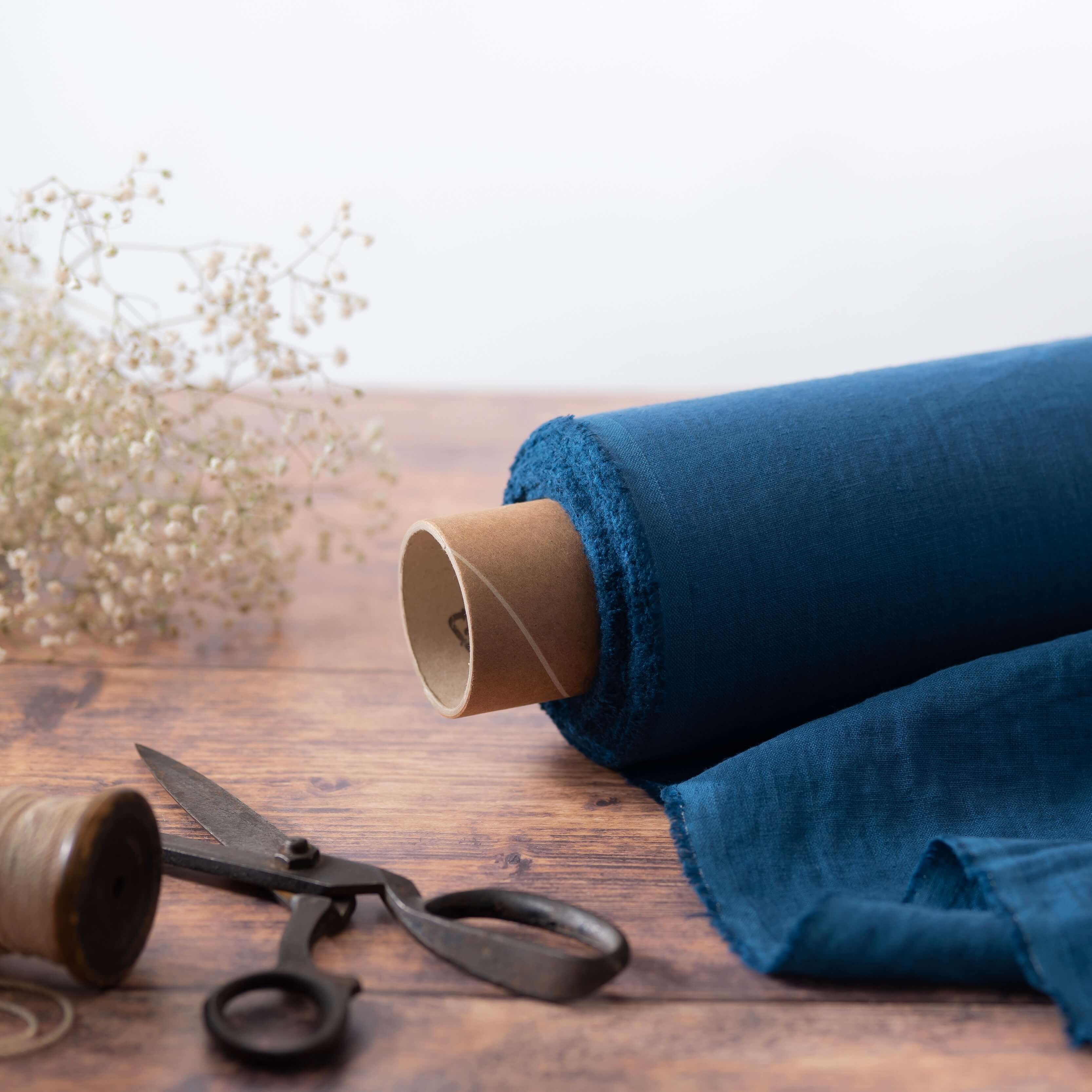 Washed Pure Petrol Blue Linen Fabric 205 g/m²