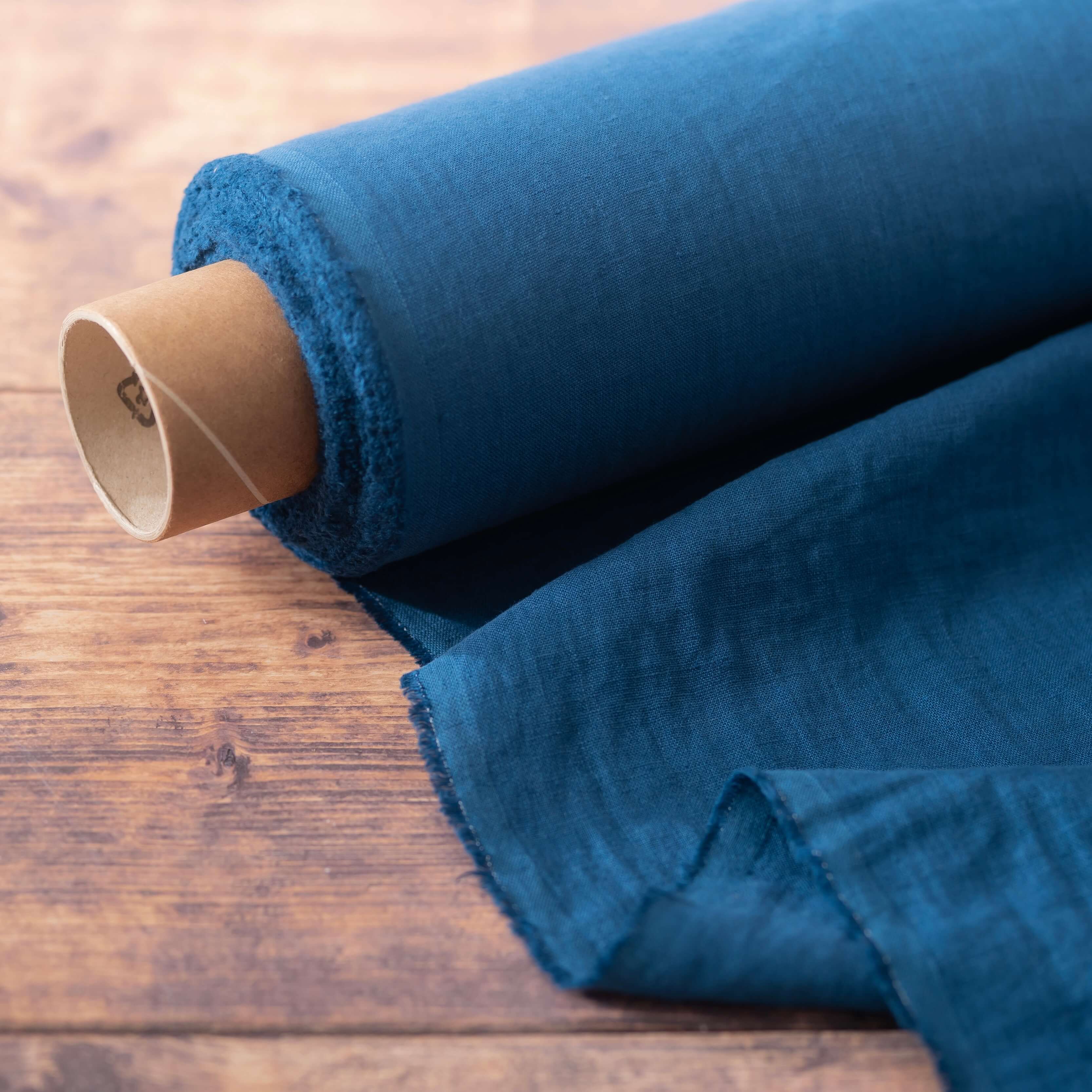 Washed Pure Petrol Blue Linen Fabric 205 g/m²