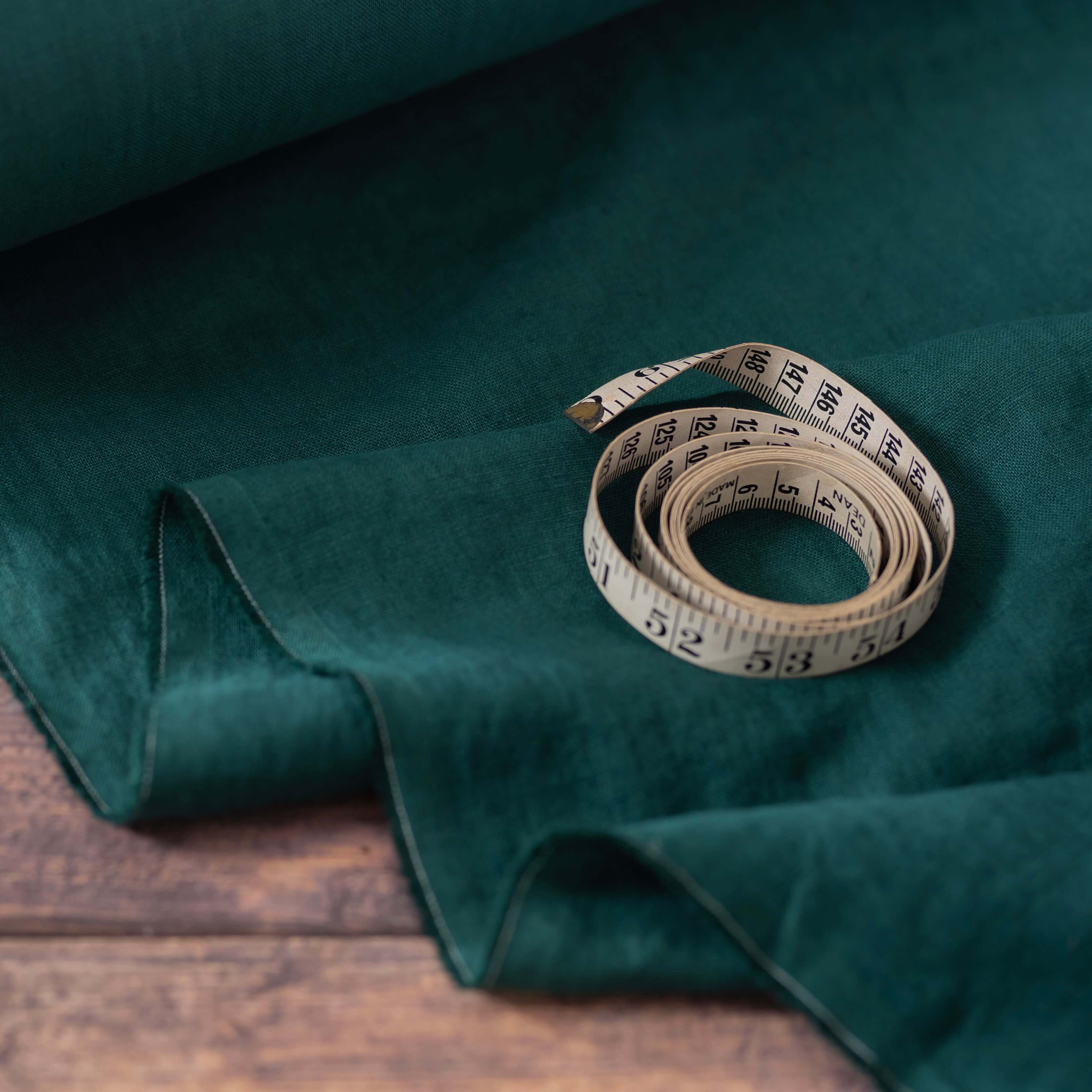 Washed Pure Dark Forest Green Linen Fabric 205 g/m²