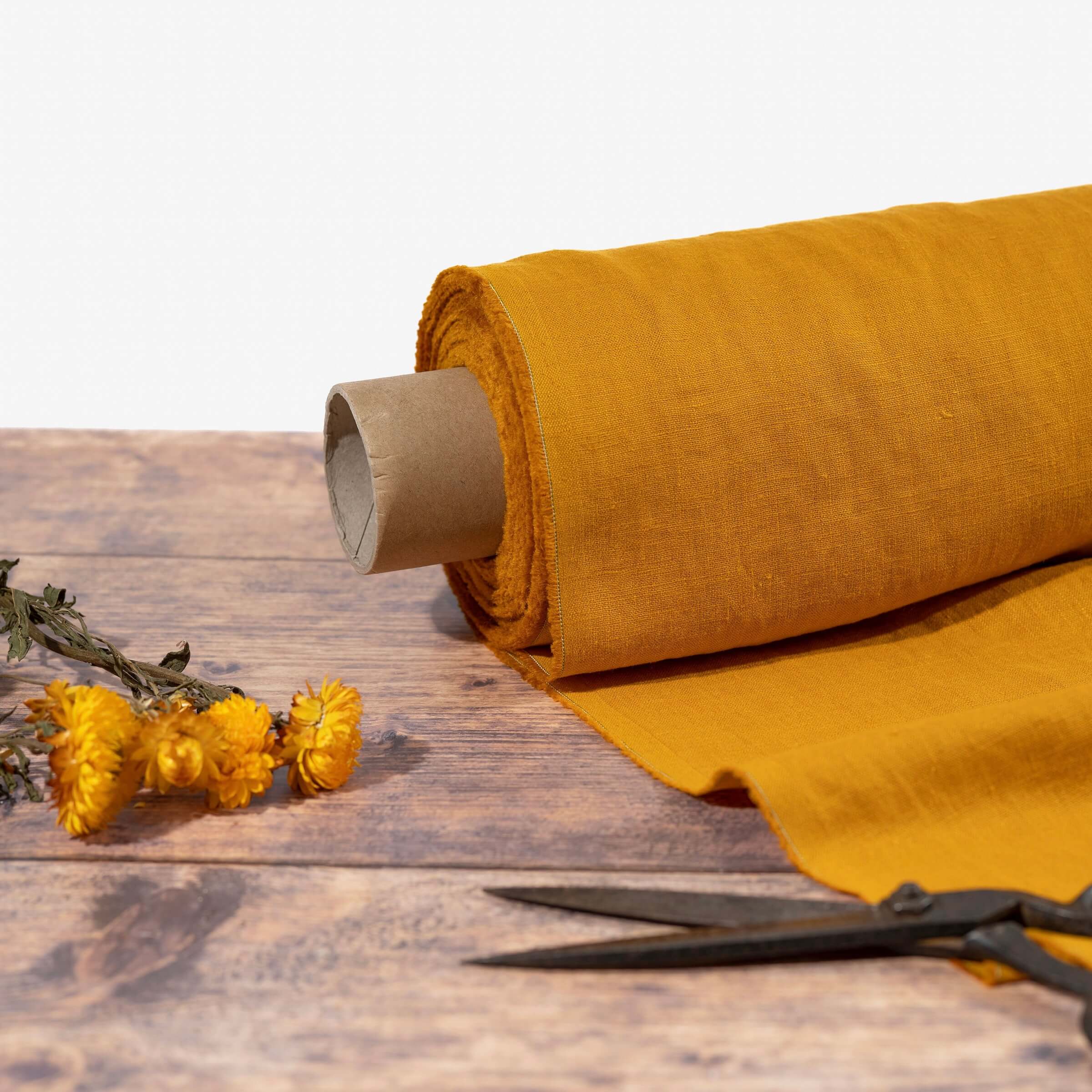 Washed Pure Golden Mustard Yellow Linen Fabric 205 g/m²
