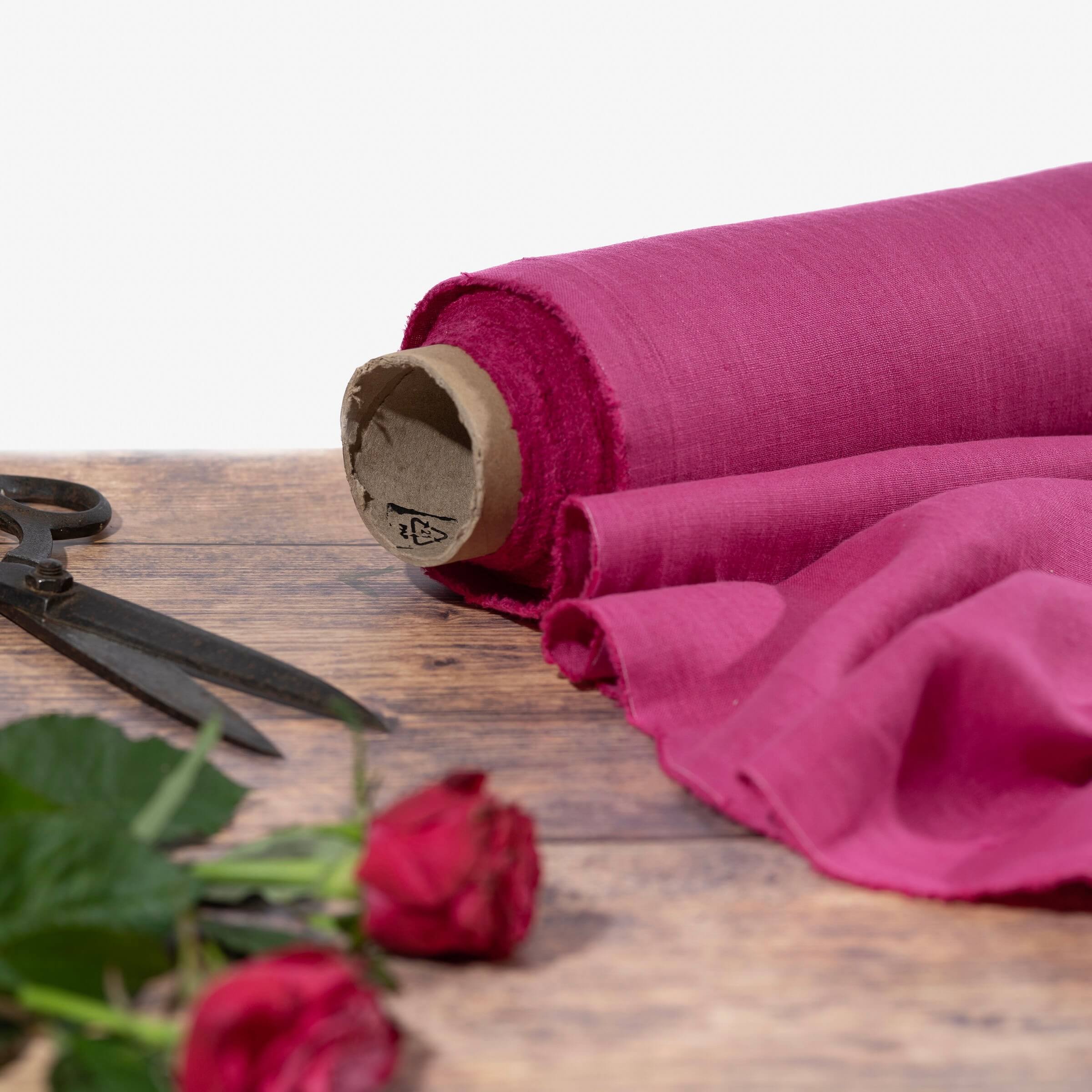 Washed Pure Fuchsia Pink Linen Fabric 205 g/m²