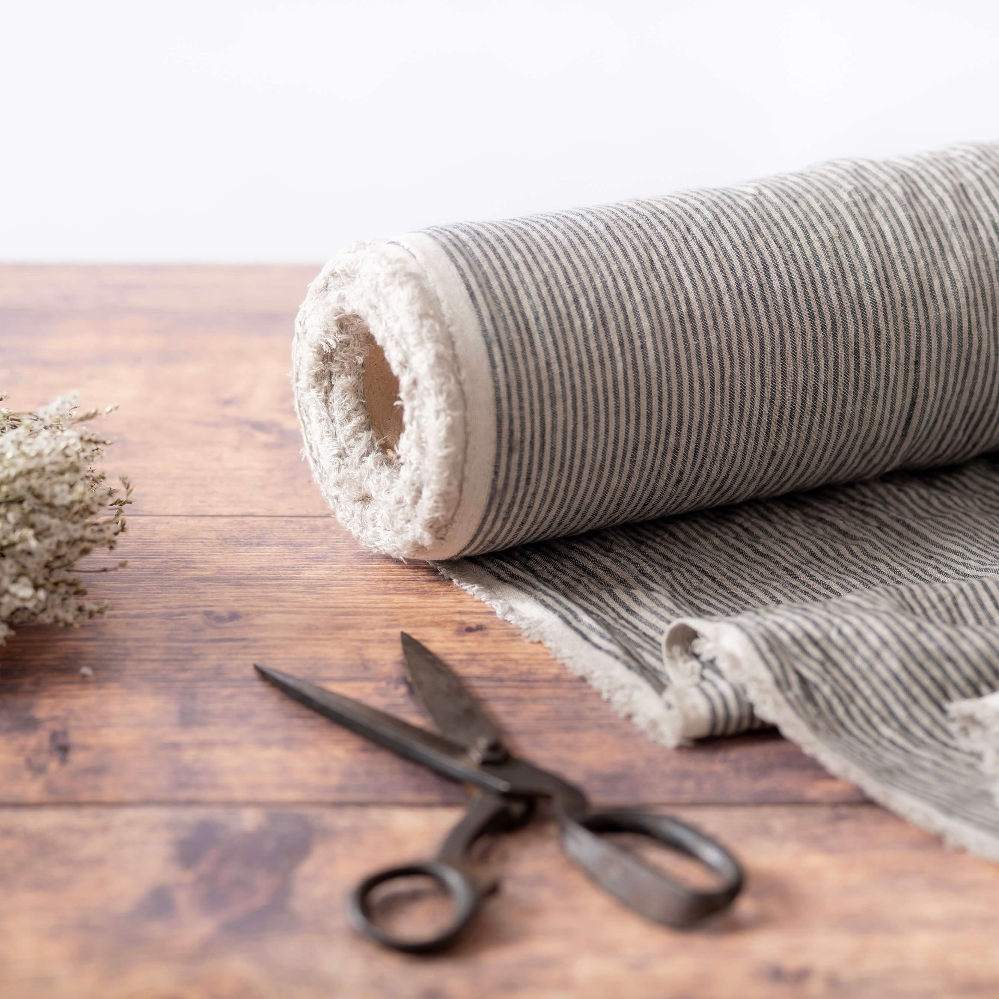 Washed Pure Natural & Grey Stripes Linen Fabric 205 g/m²