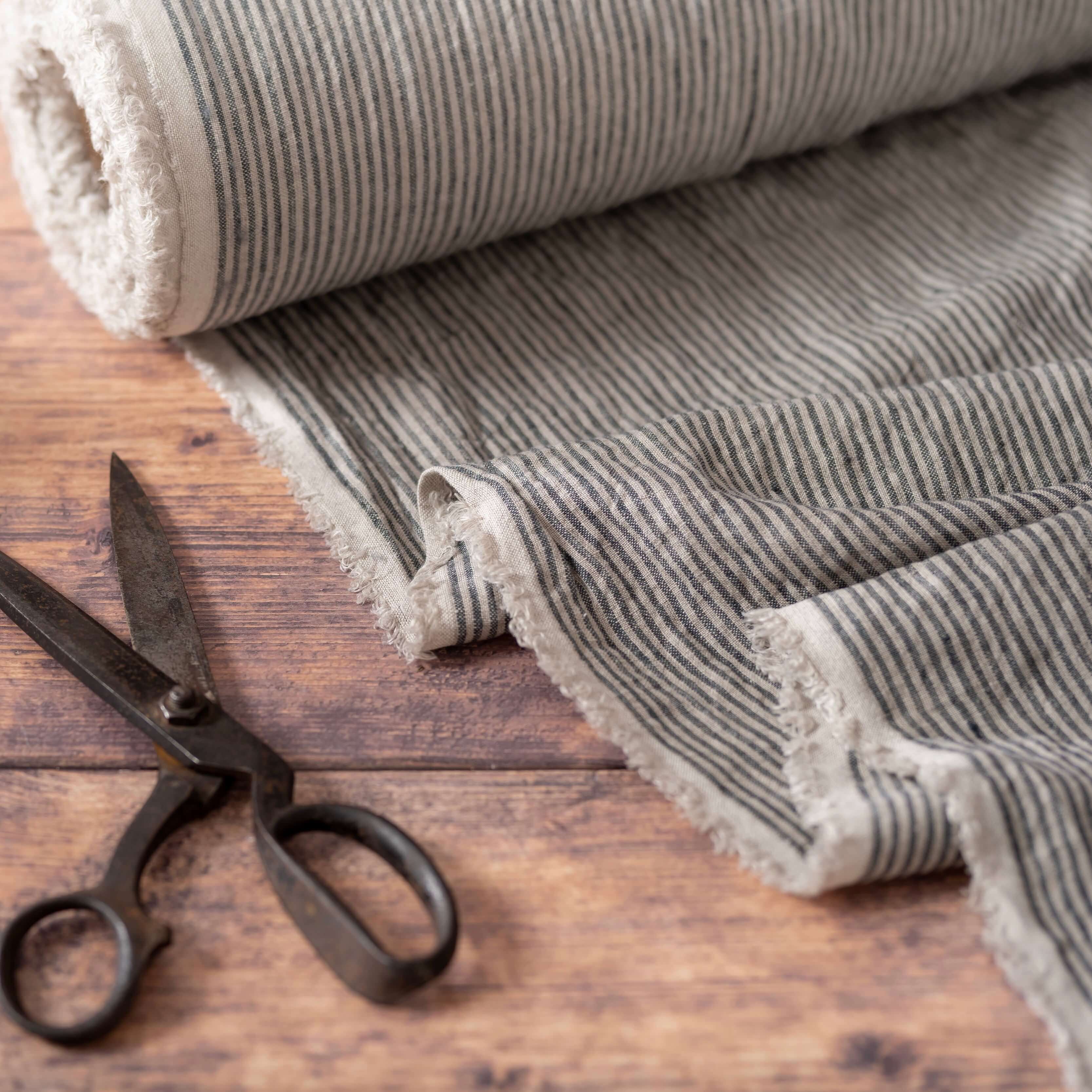 Washed Pure Natural & Grey Stripes Linen Fabric 205 g/m²