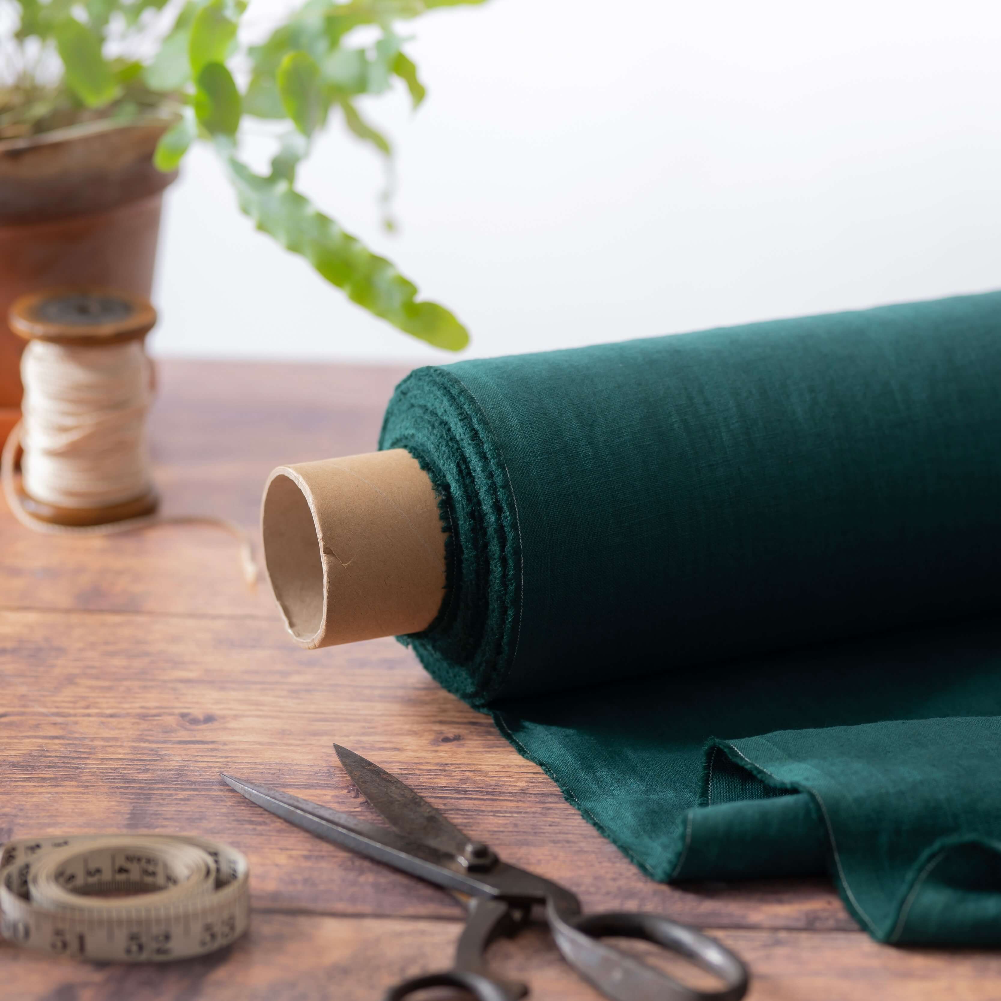 Washed Pure Dark Forest Green Linen Fabric 205 g/m²
