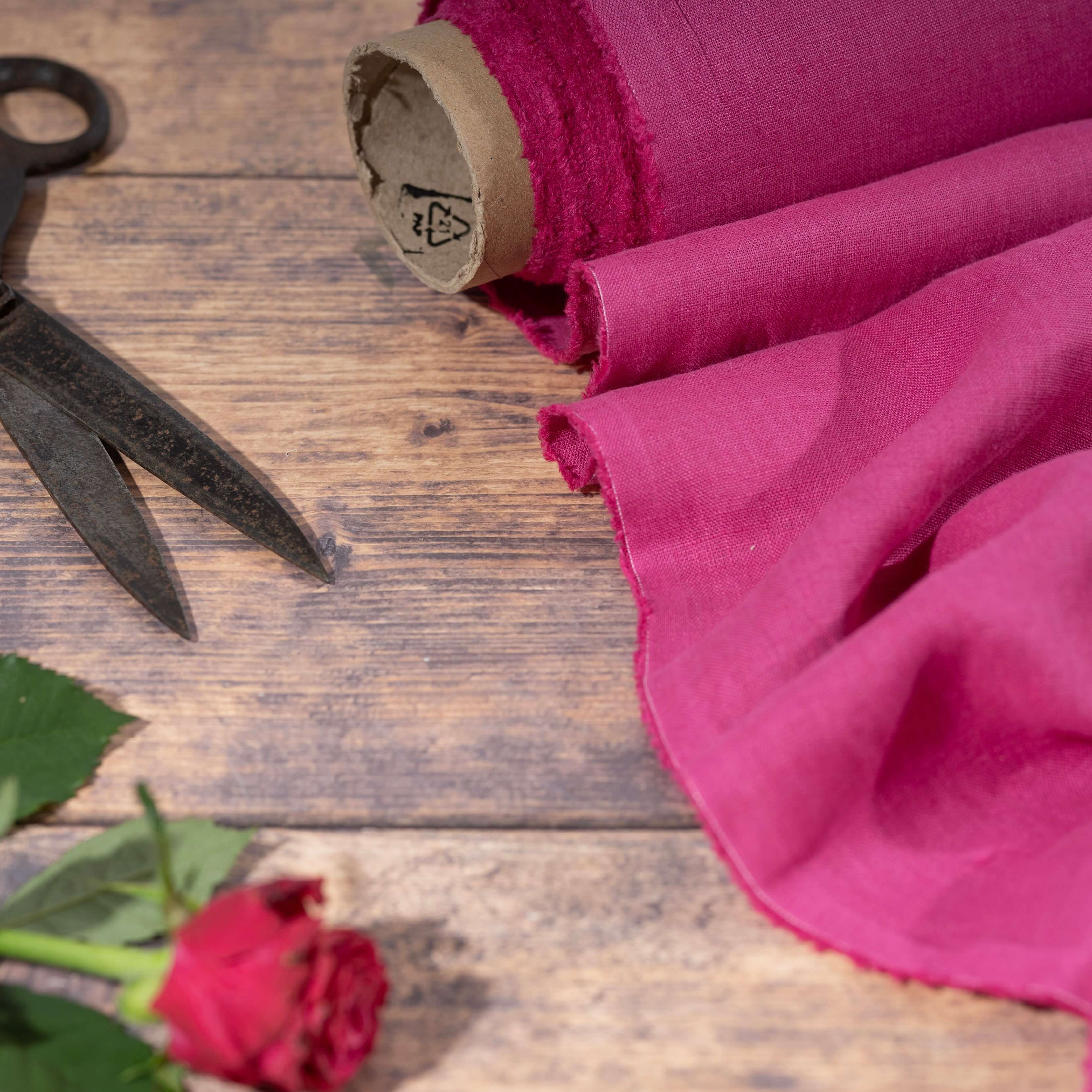 Washed Pure Fuchsia Pink Linen Fabric 205 g/m²