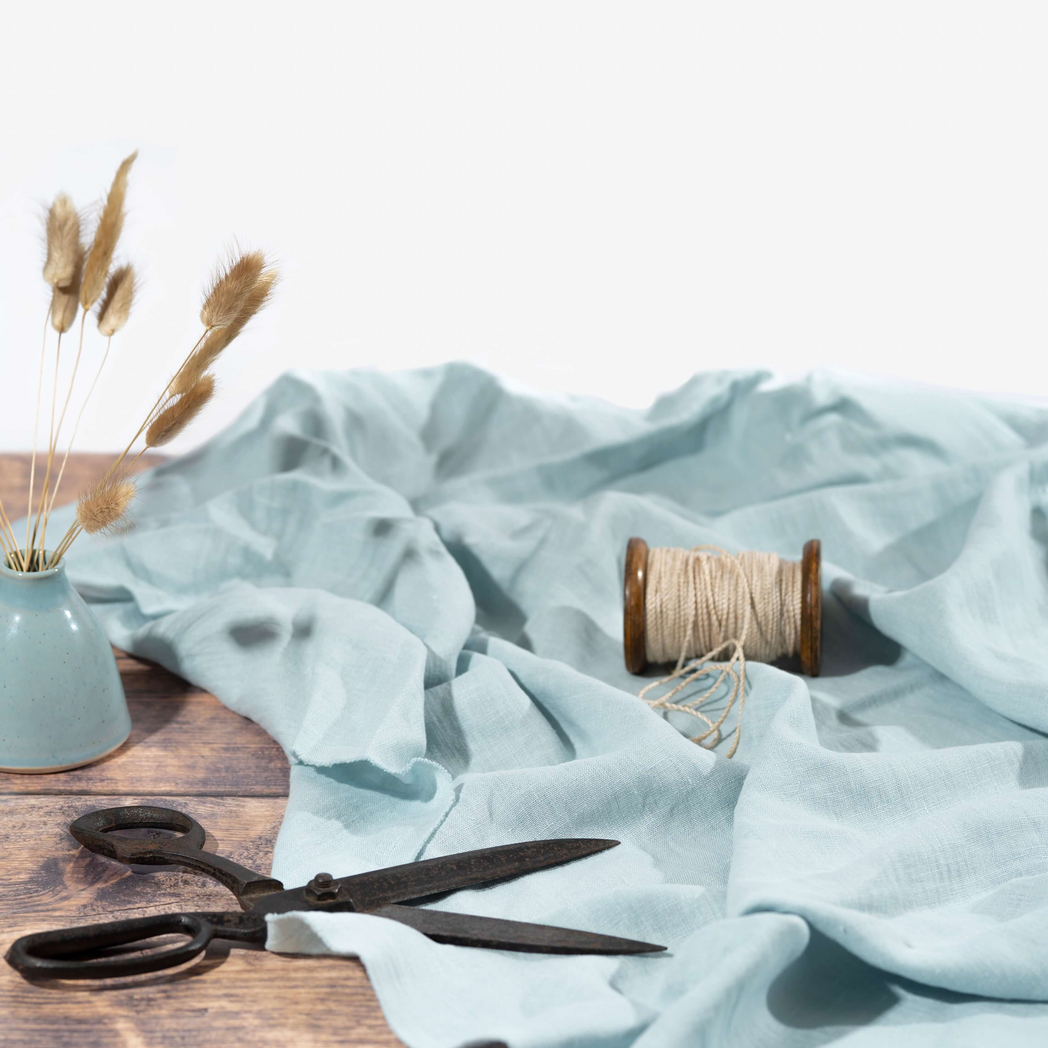 Washed Pure Light Duck Egg Blue Linen Fabric 205 g/m²
