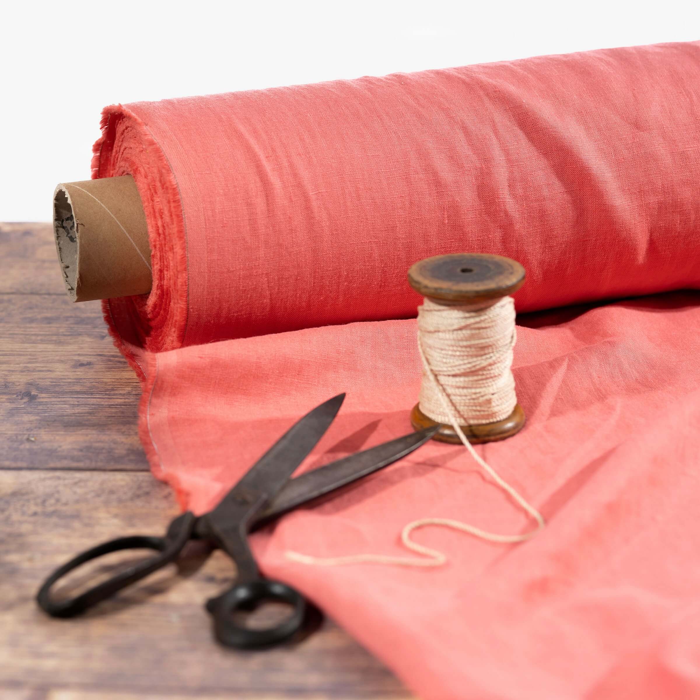 Washed Pure Coral Pink Linen Fabric 205 g/m²