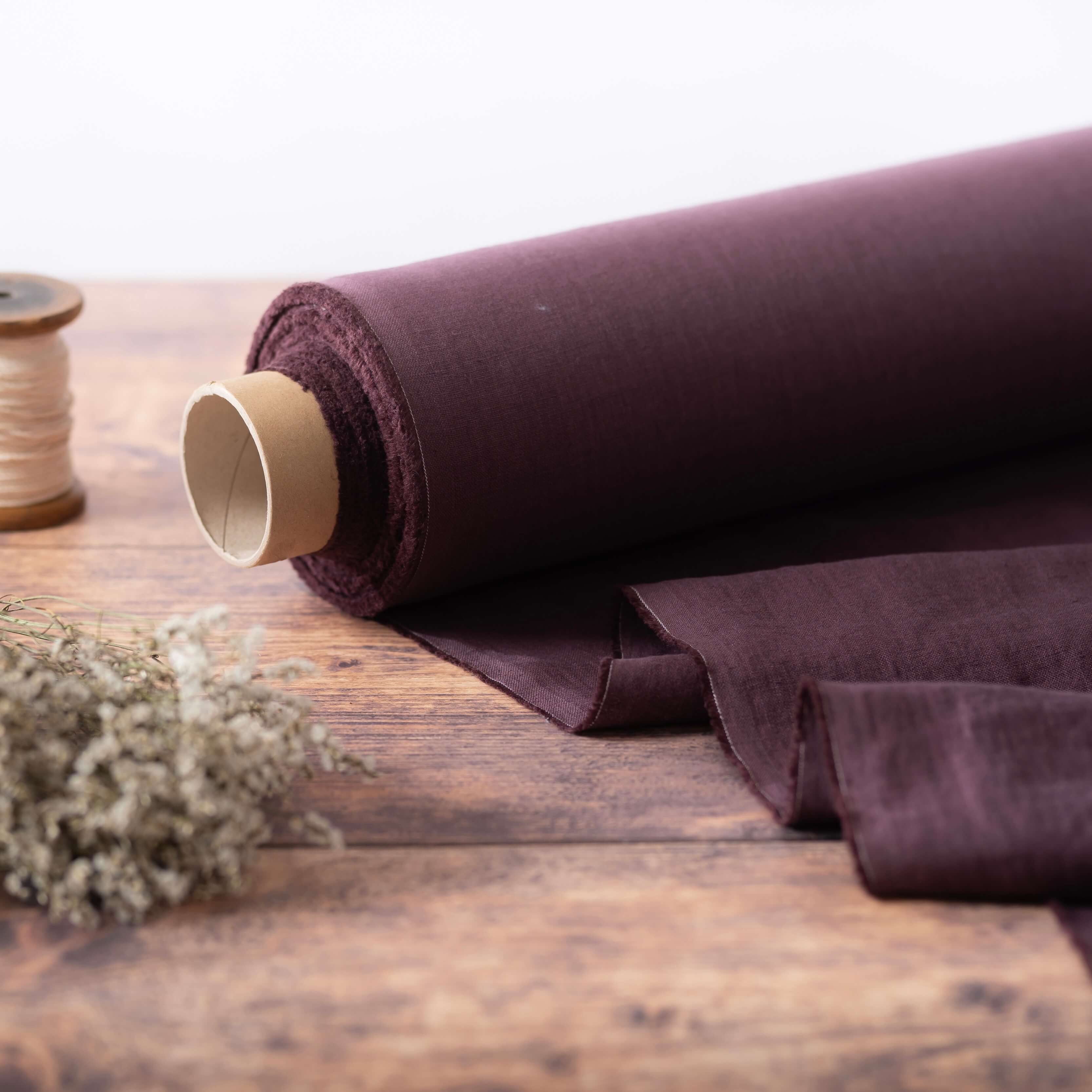 Washed Pure Dark Plum Purple Linen Fabric 205 g/m²