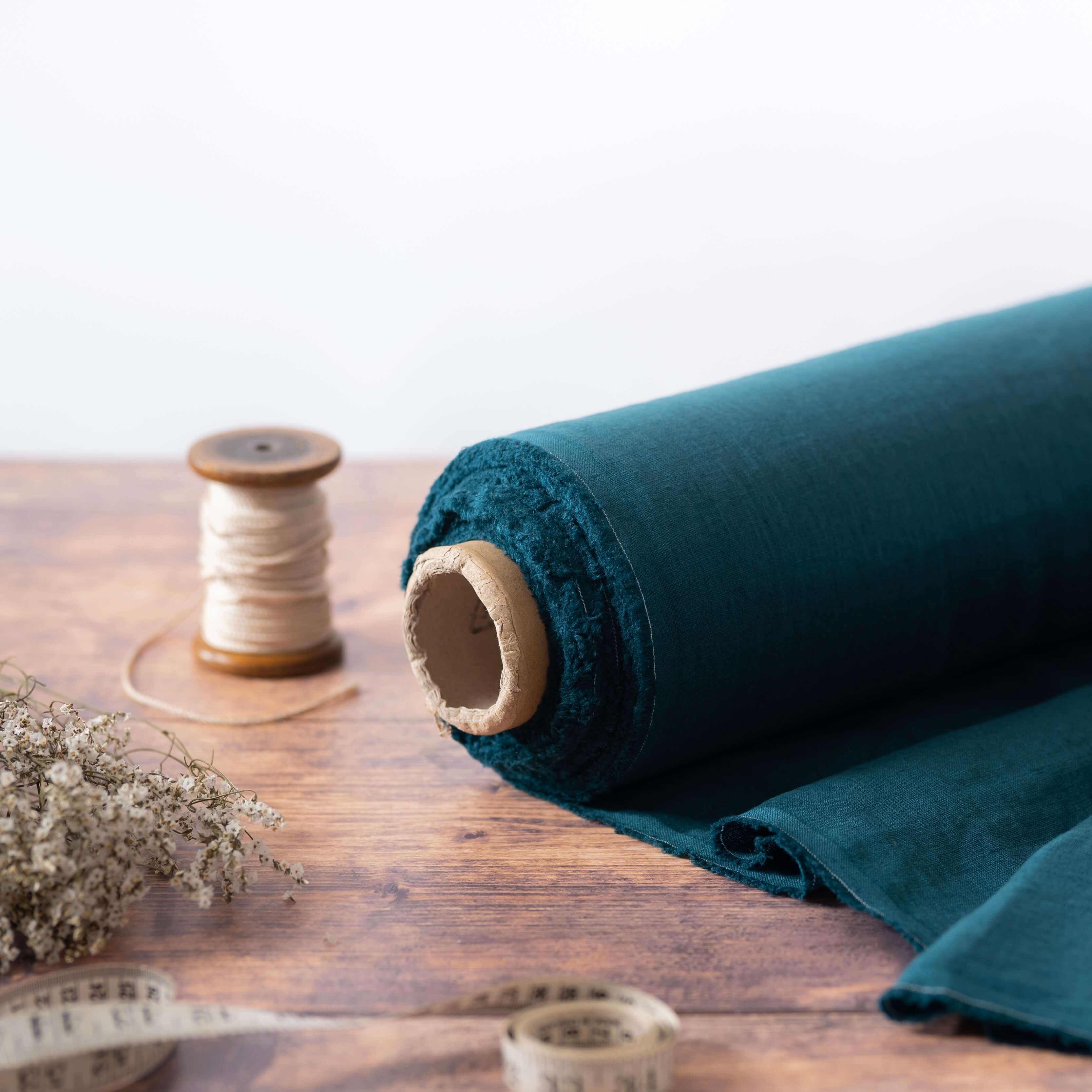 Washed Pure Deep Teal Linen Fabric 205 g/m²
