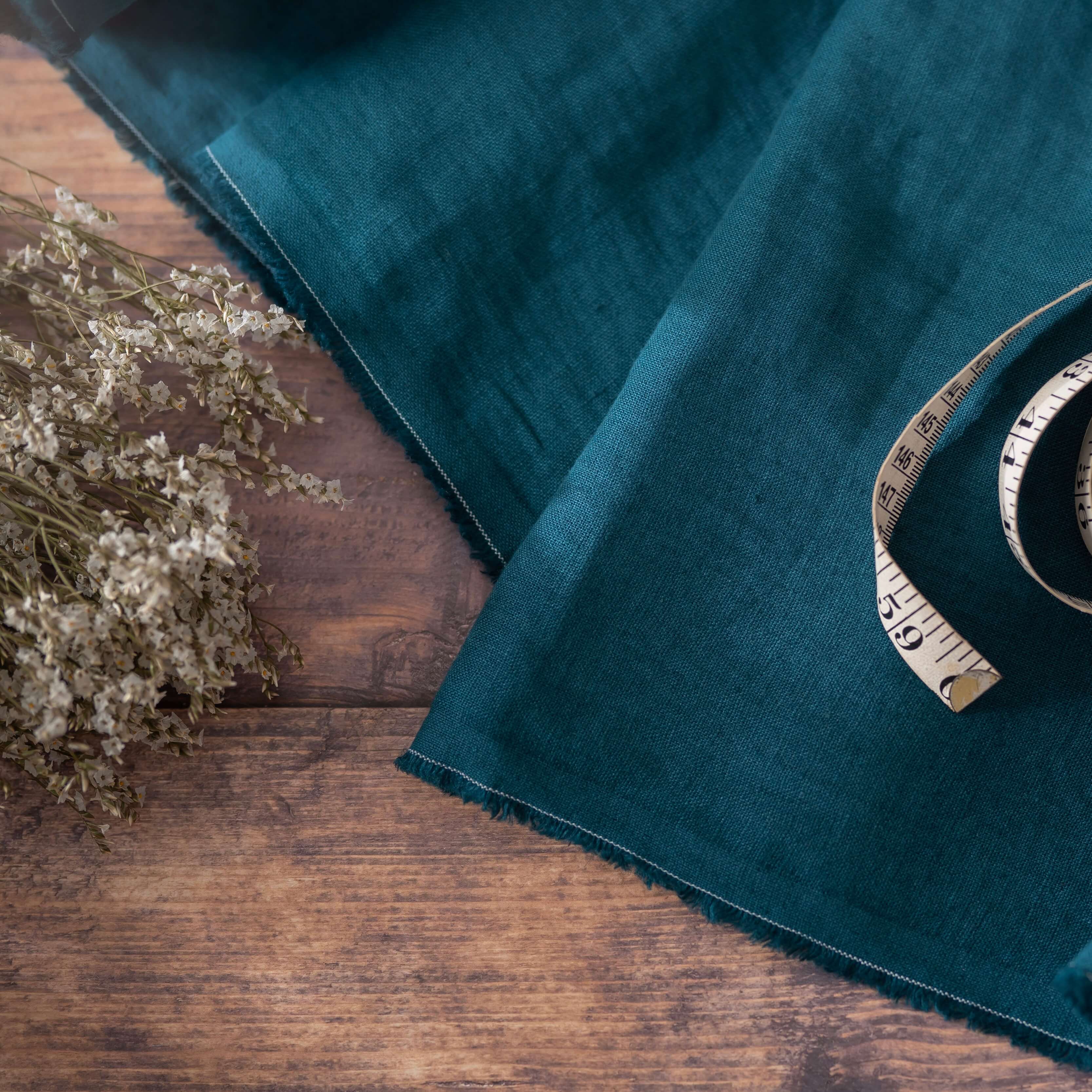 Washed Pure Deep Teal Linen Fabric 205 g/m²