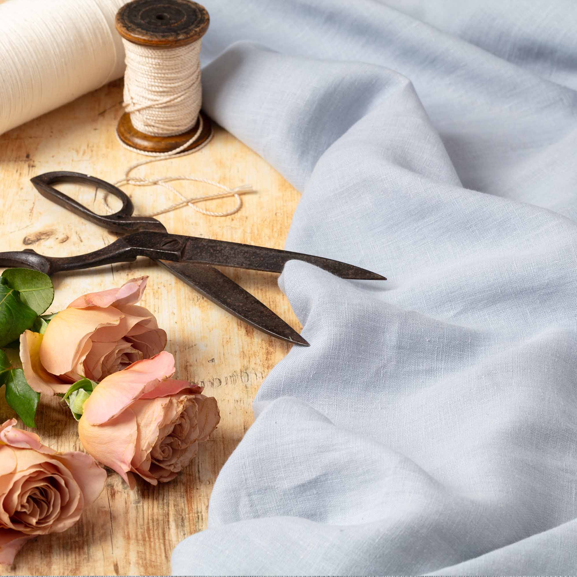 Washed Pure Dove Blue Linen Fabric 205 g/m²