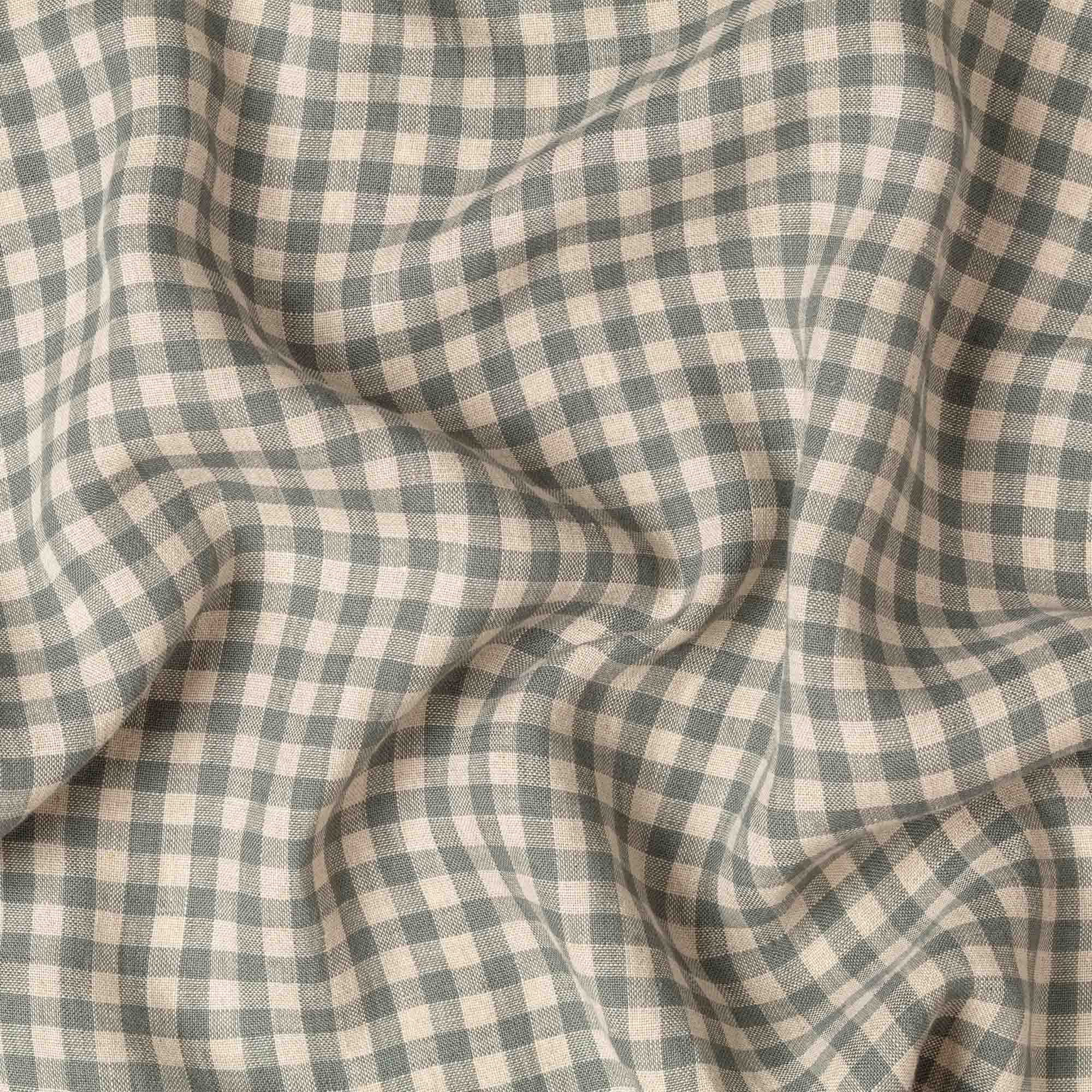 Washed Pure Fine Green & Natural Gingham Linen Fabric 195 g/m²