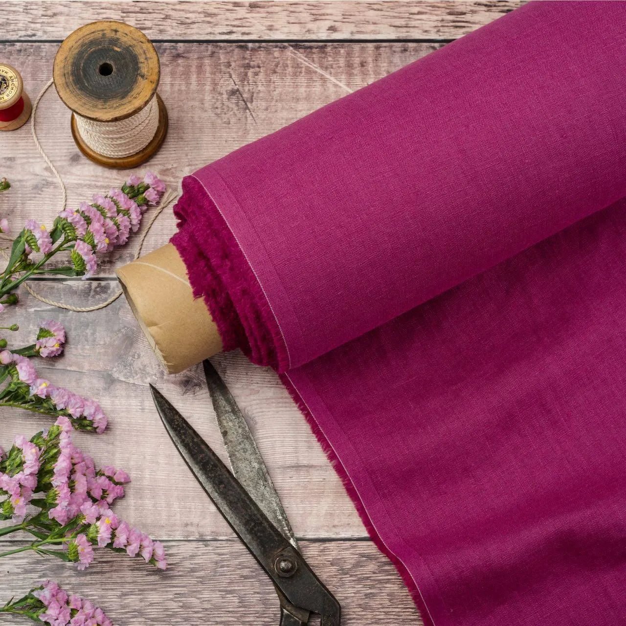 Washed Pure Magenta Linen Fabric 205 g/m²