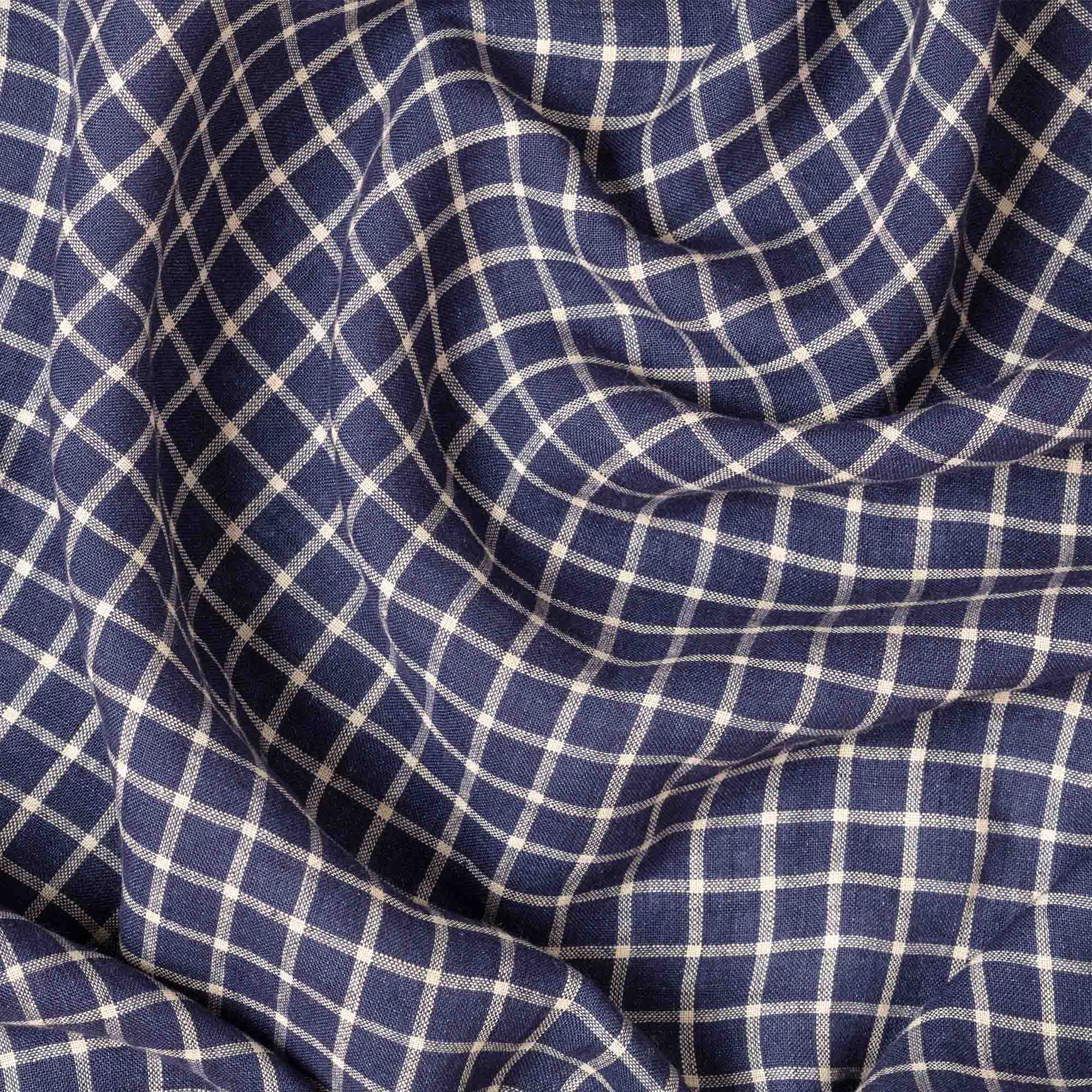 Navy Check linen fabric, crumpled to show its natural texture, washed European flax