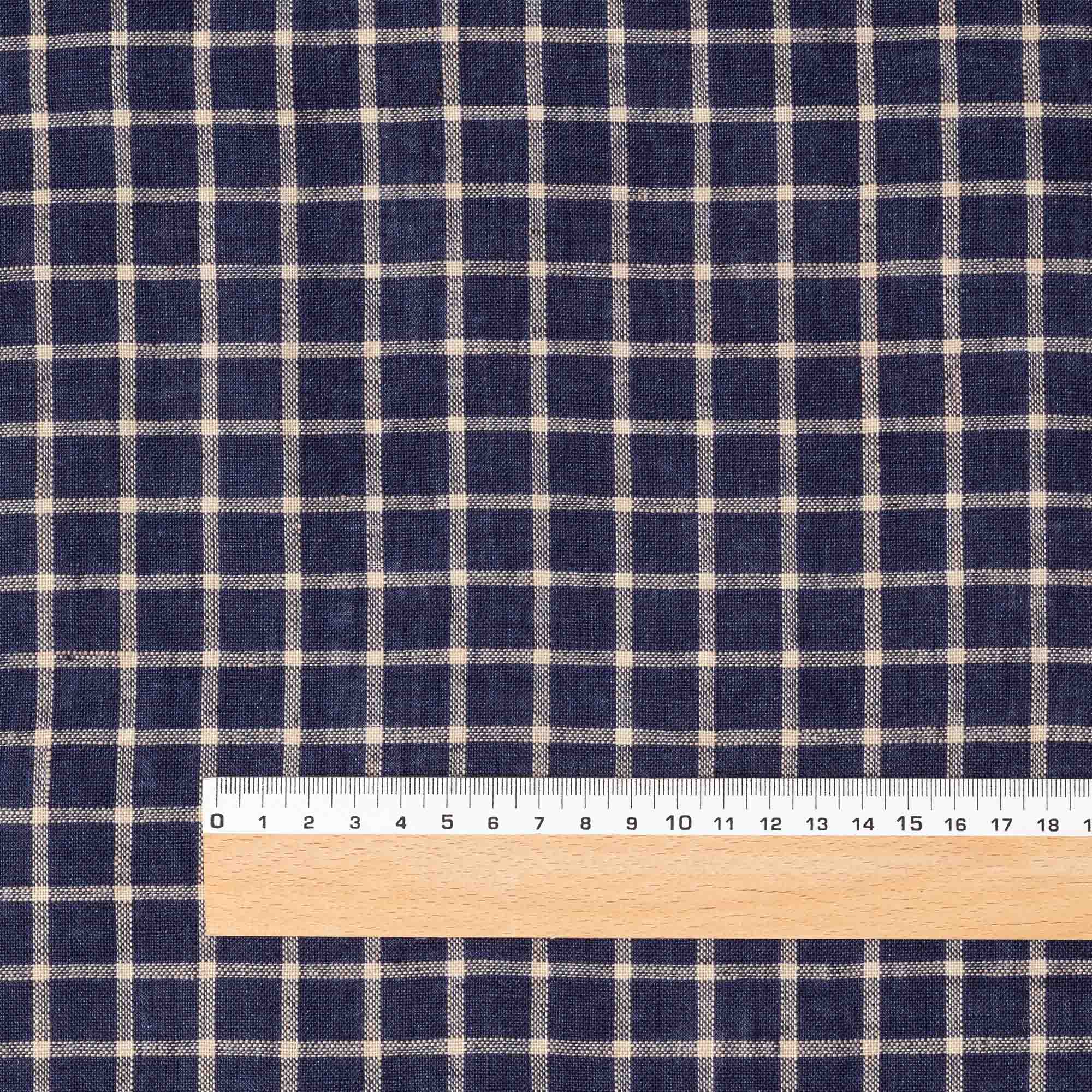 Navy Check linen fabric, flat lay with ruler showing its natural weave, washed European flax