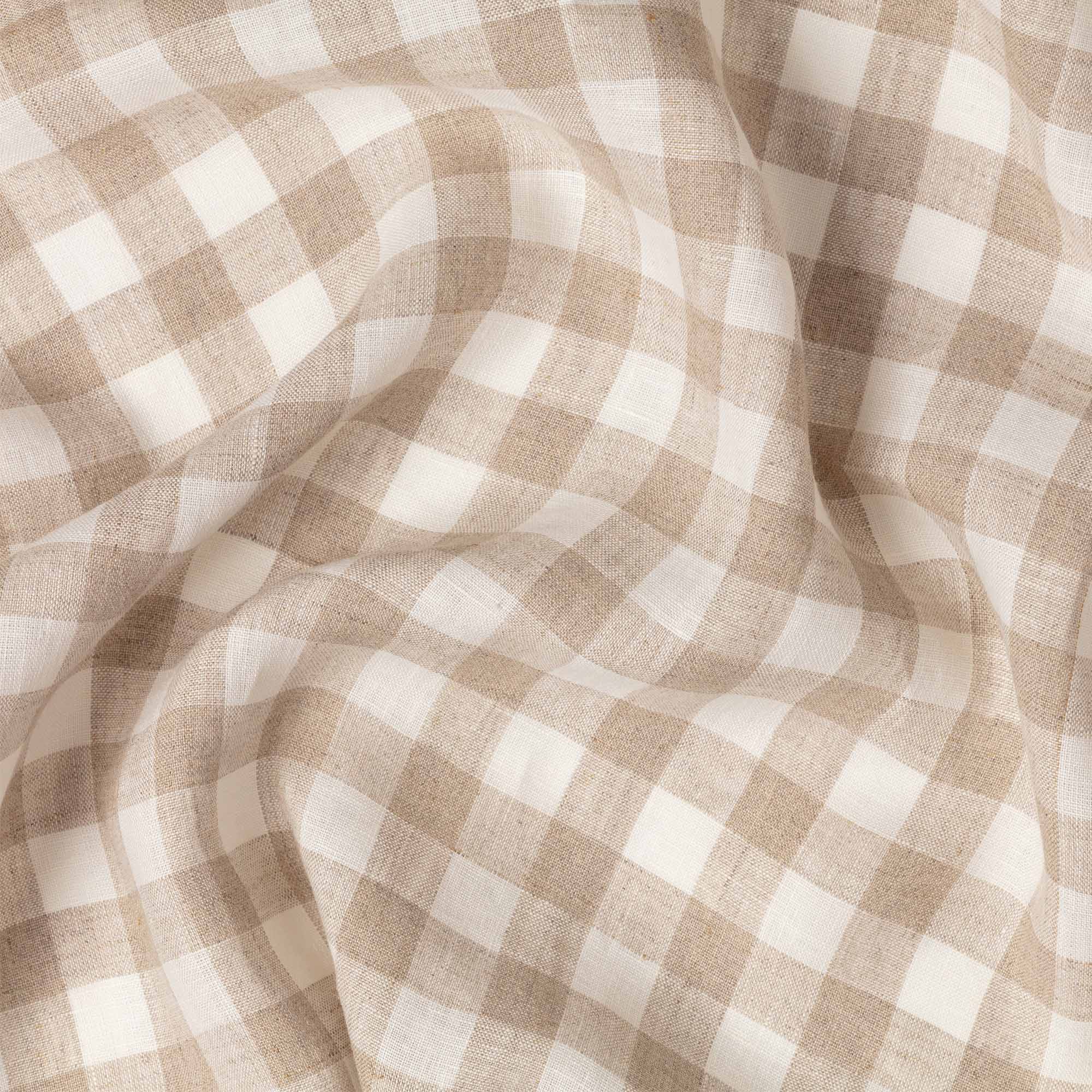 Washed Pure Natural & White Gingham Linen Fabric 190 g/m²