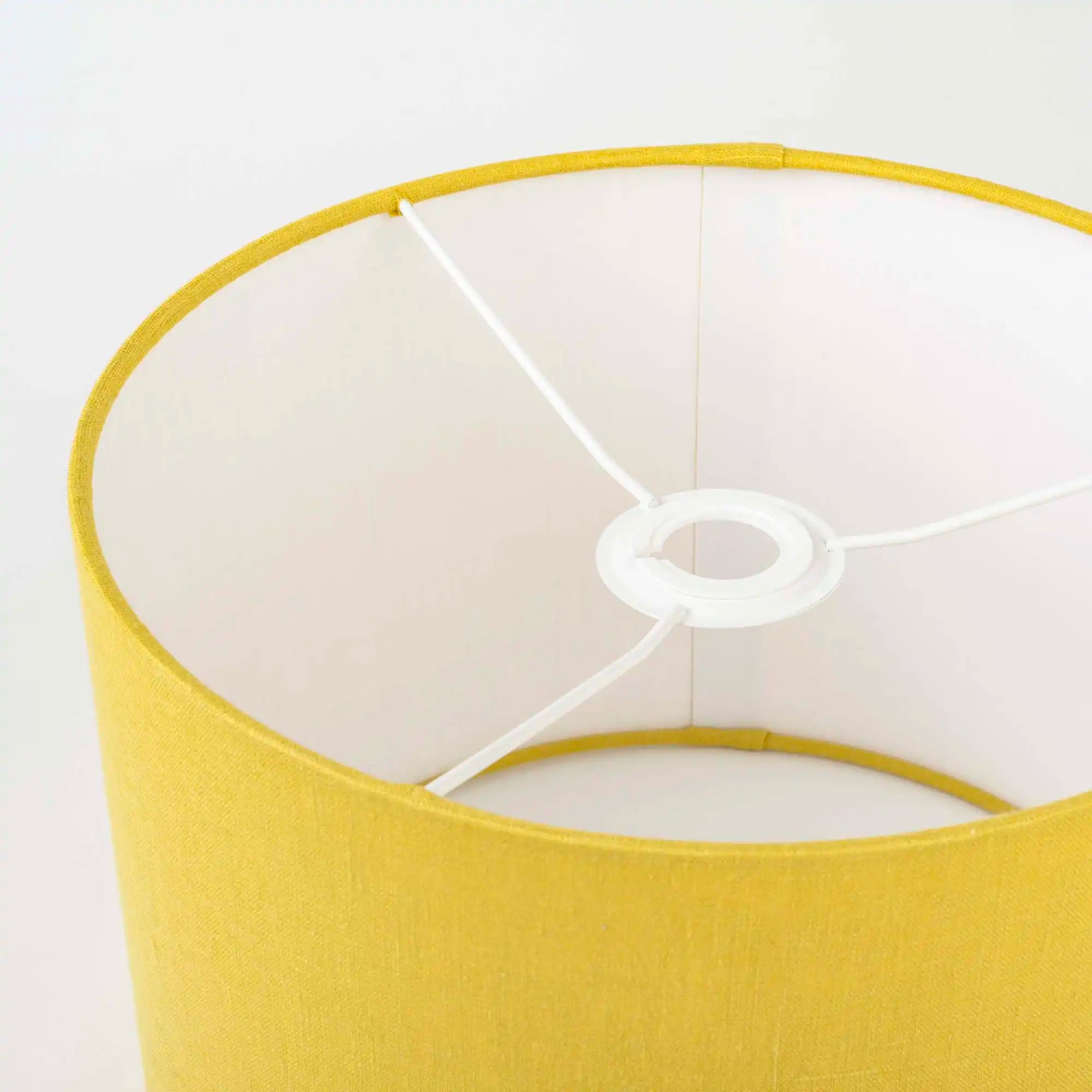 Honey yellow linen lampshades fitting and frame close up