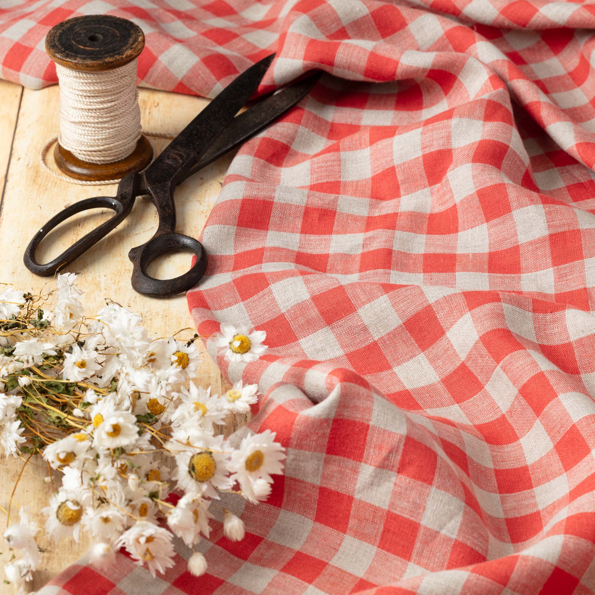 Red & Natural Gingham linen fabric, ready to cut, with scissors, thread bobbins and flowers