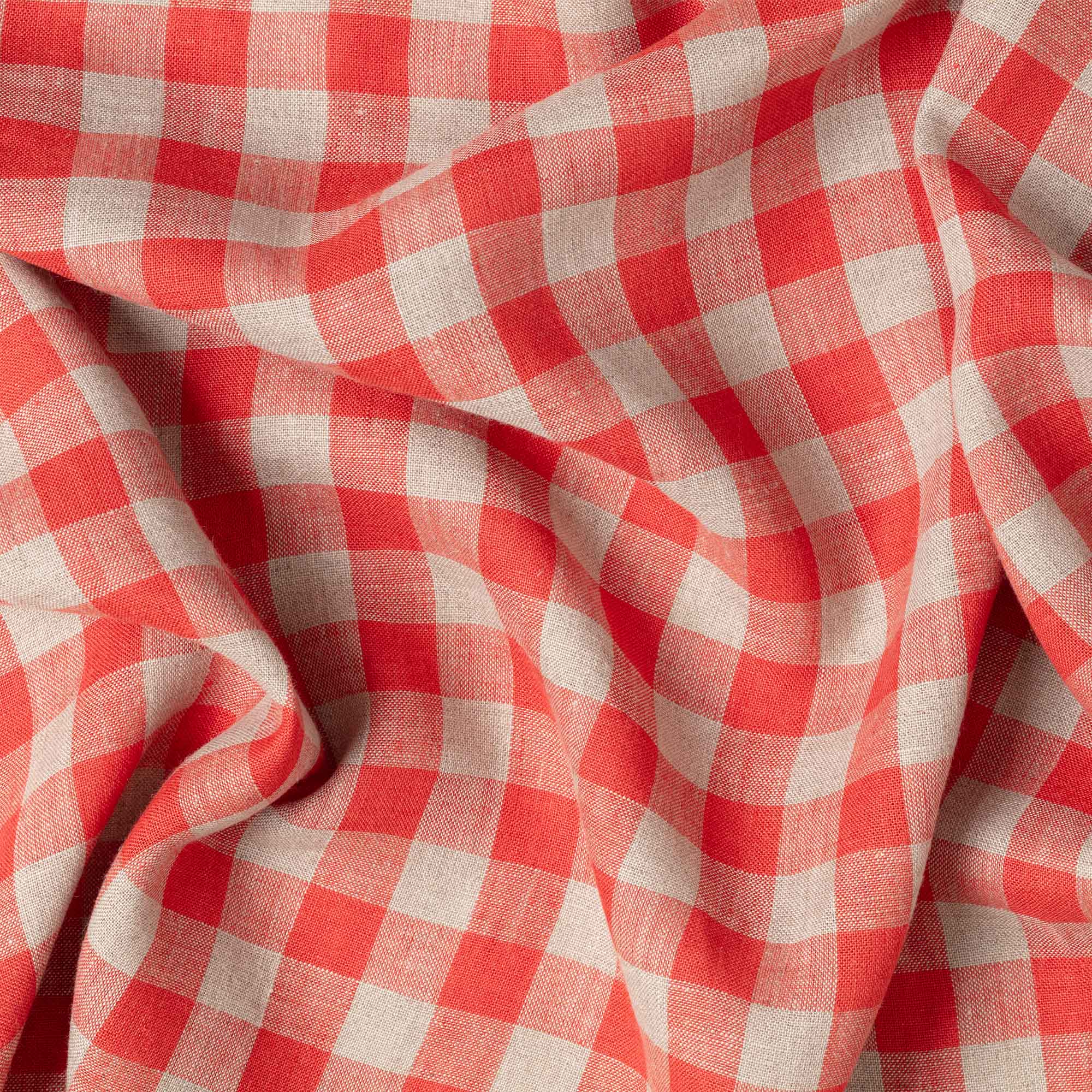 Red & Natural Gingham linen fabric, crumpled to show its natural texture, washed European flax