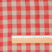 Red & Natural Gingham linen fabric, flat lay showing its natural weave, washed European flax