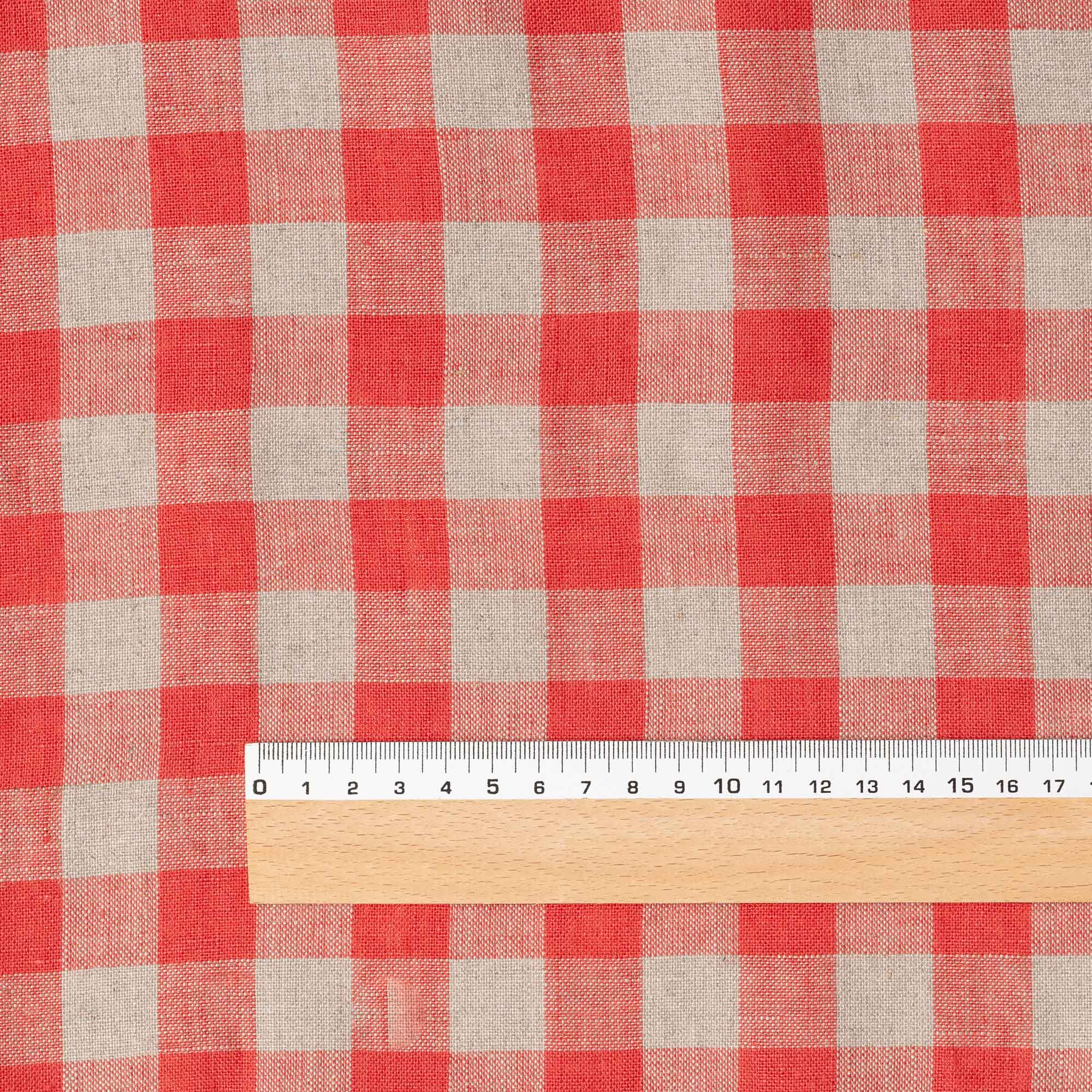 Red & Natural Gingham linen fabric, flat lay showing its natural weave, washed European flax