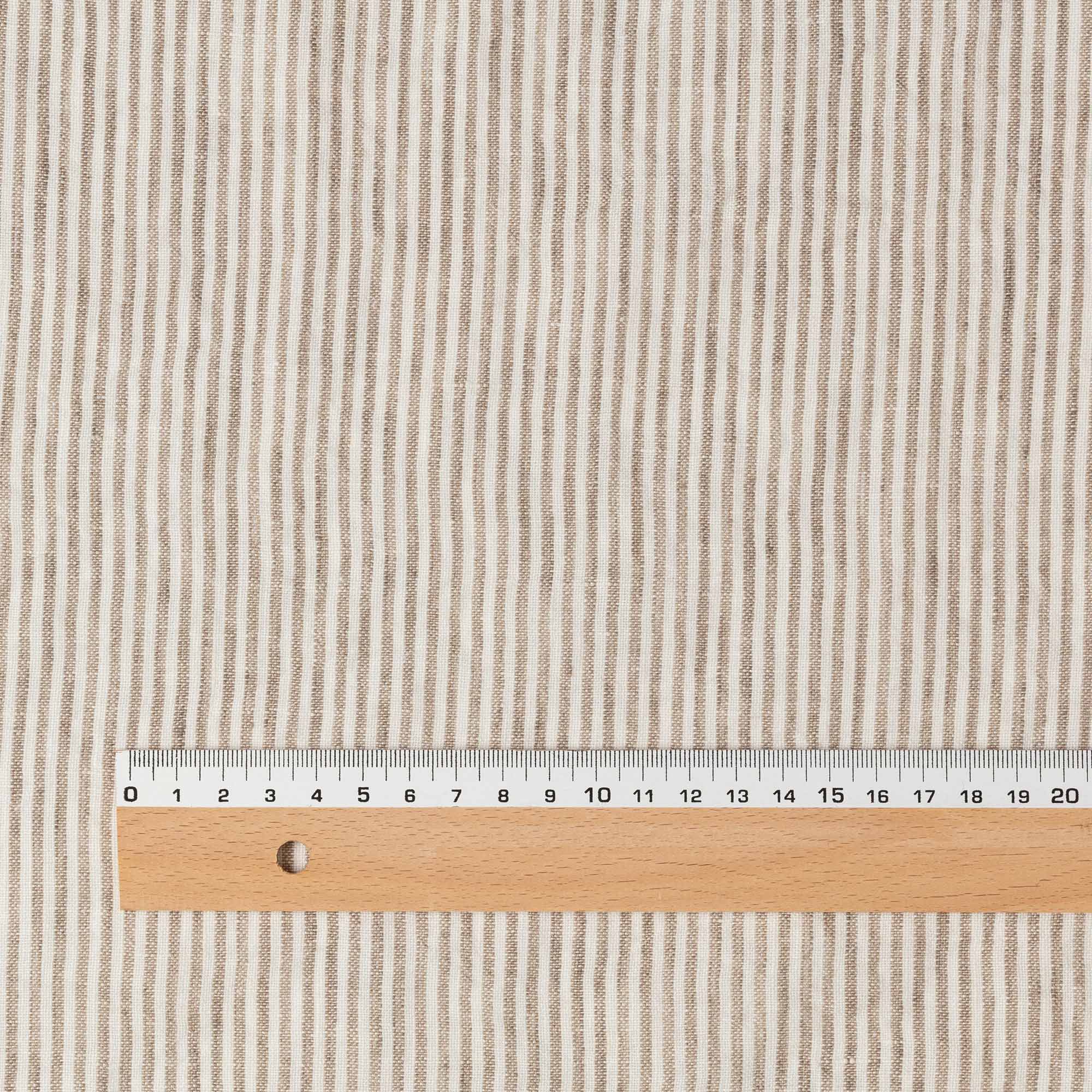Natural & White Stripes linen fabric, flat lay showing its natural weave with ruler showing pattern repeat