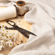 Natural & White Stripes linen fabric, ready to cut, with scissors, thread bobbins and flowers