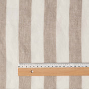 Wide Heavyweight Natural & White Stripes linen fabric, flat lay with ruler showing its natural weave, washed European flax