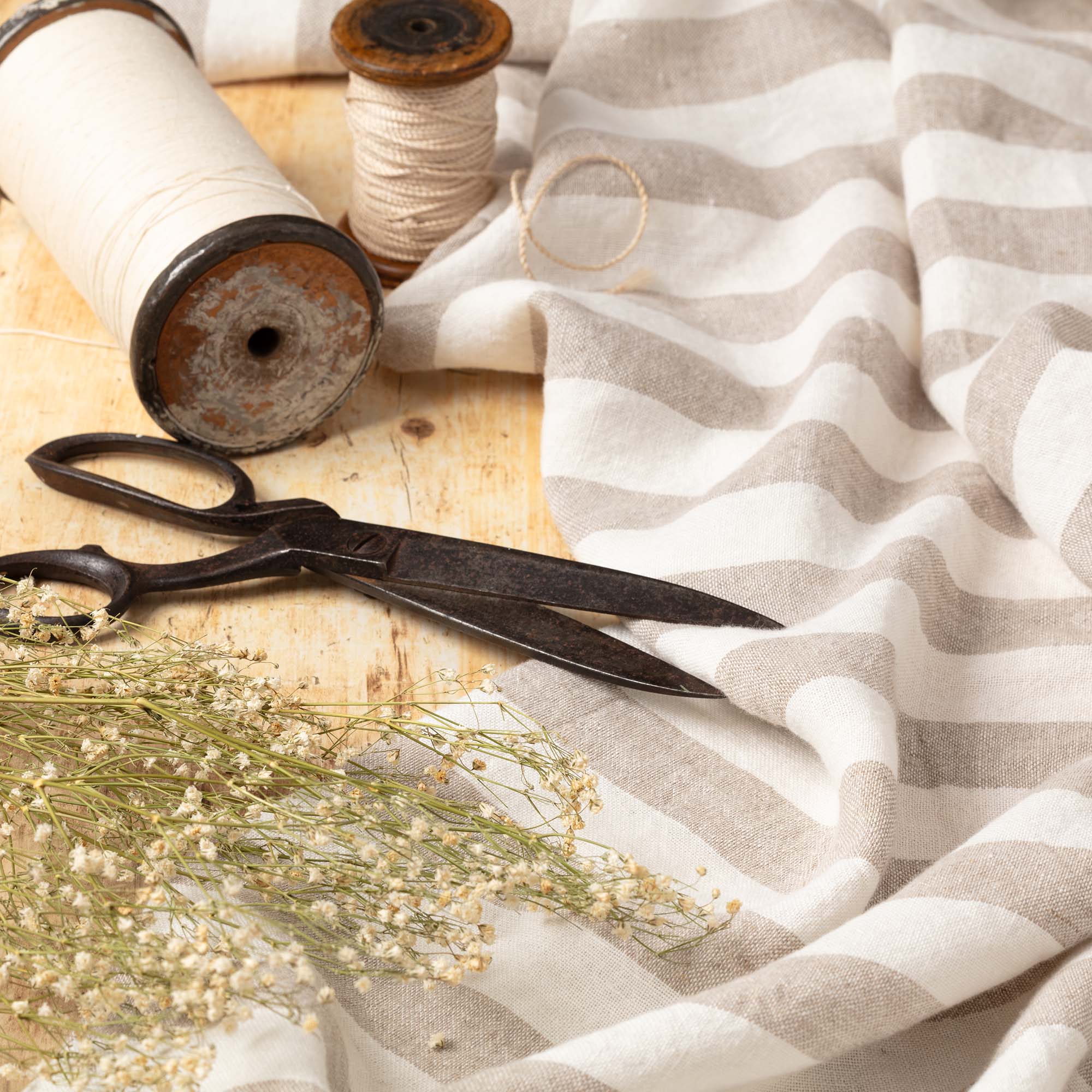 Wide Heavyweight Natural & White Stripes linen fabric, ready to cut, with scissors, thread bobbins and flowers