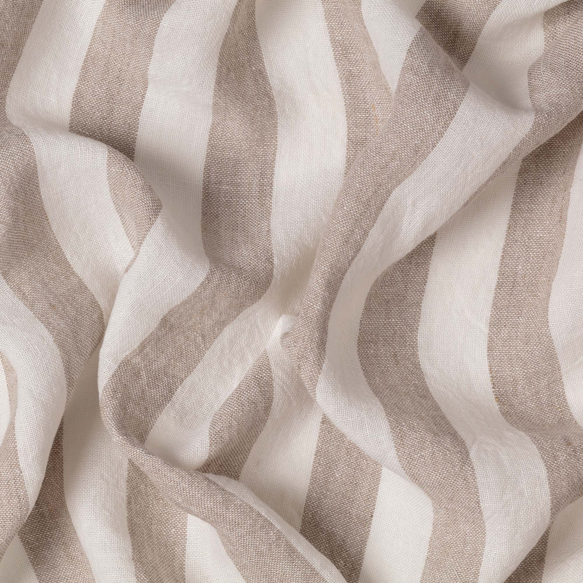 Wide Heavyweight Natural & White Stripes linen fabric, crumpled to show its natural texture, washed European flax