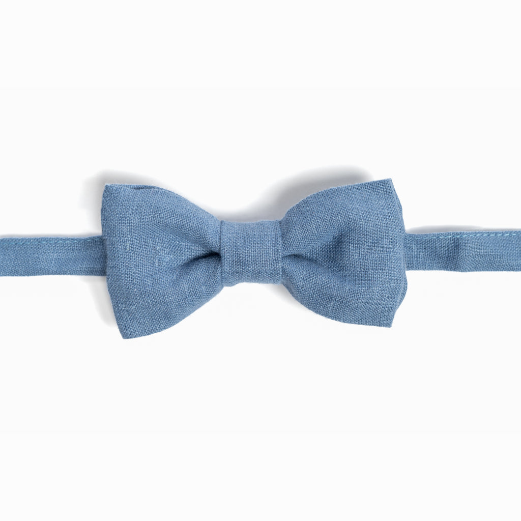 Dusty blue bow tie made from stonewashed linen fabric