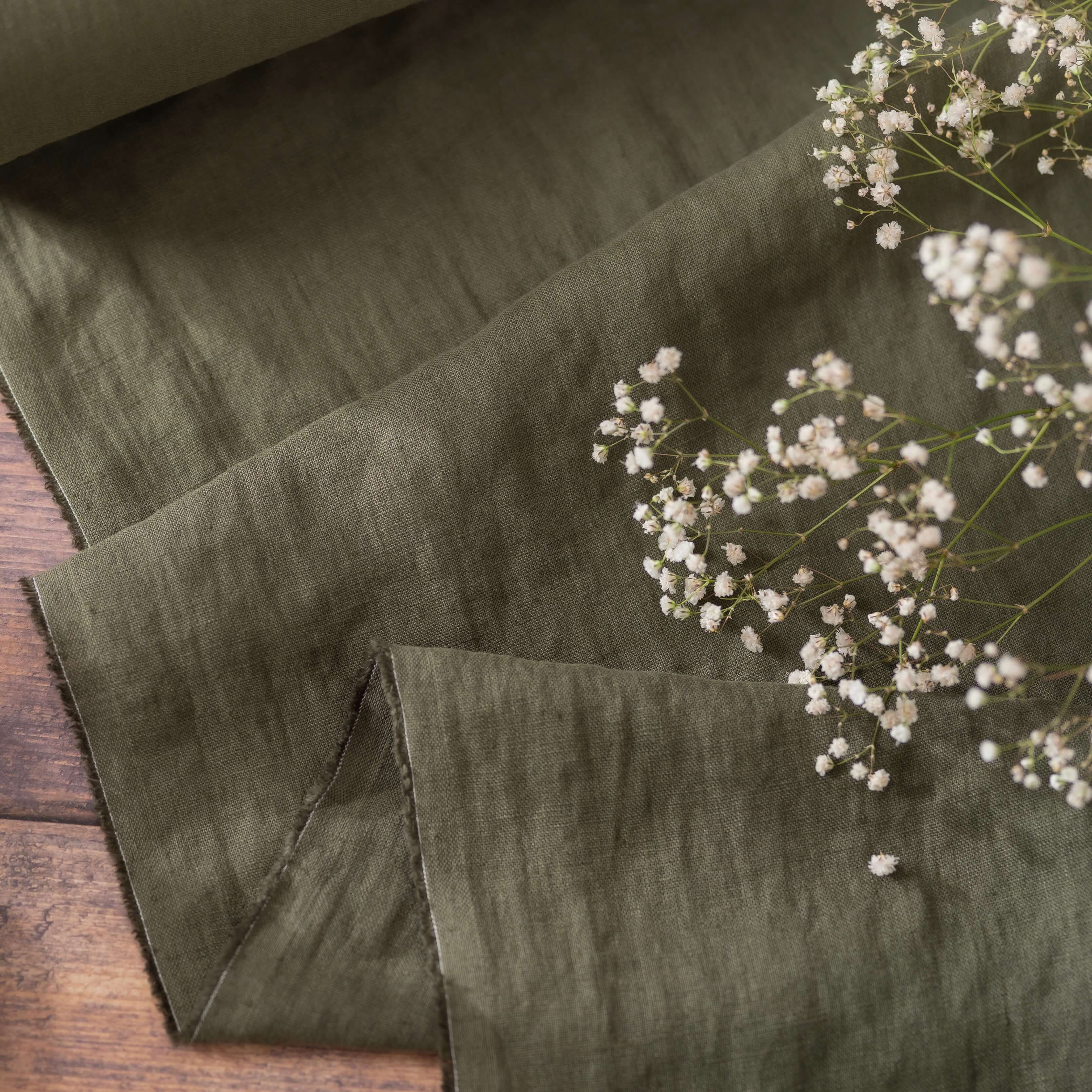 Khaki Green linen fabric, ready to cut, with dried flowers