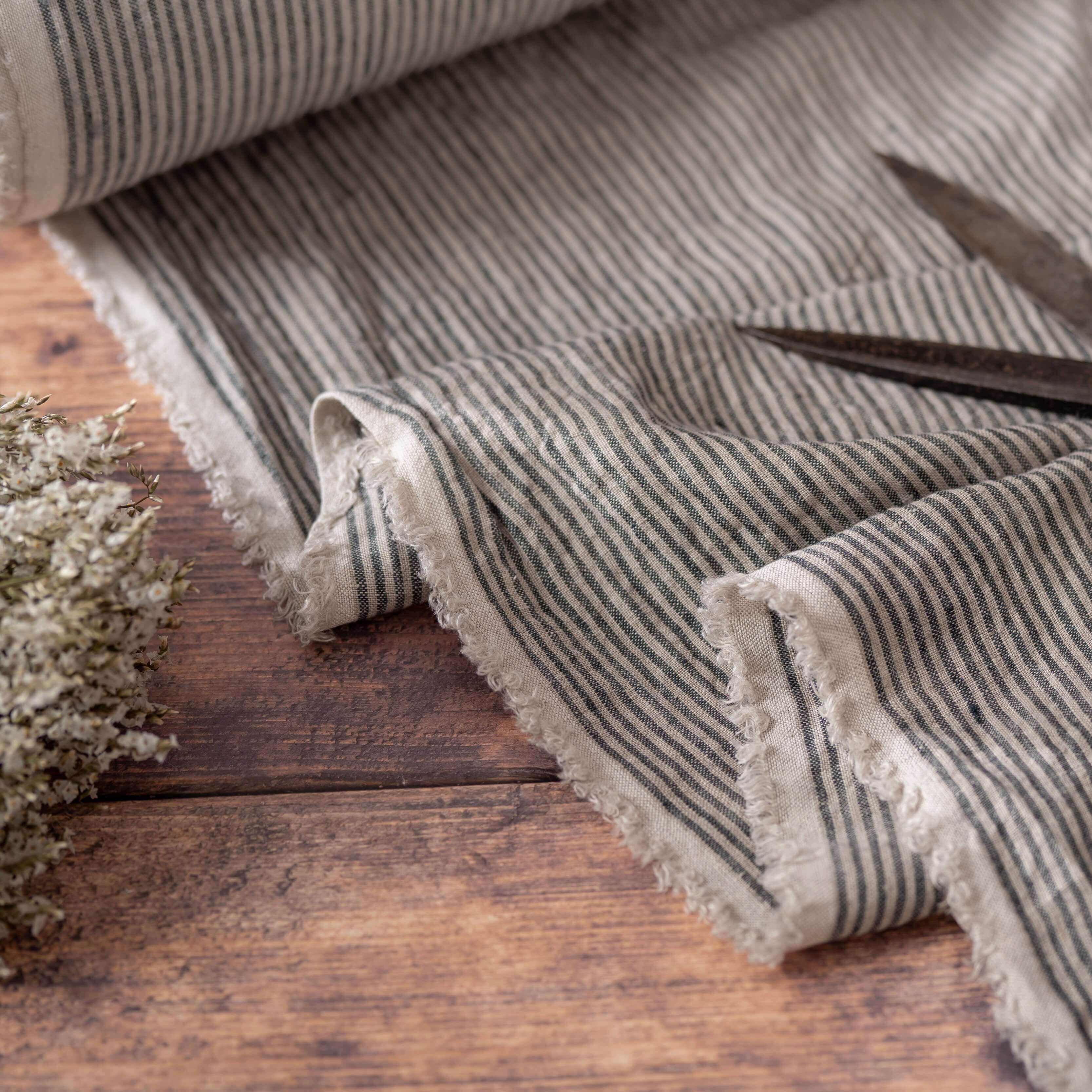 Natural & Grey Stripes linen fabric, ready to cut, with scissors and flowers