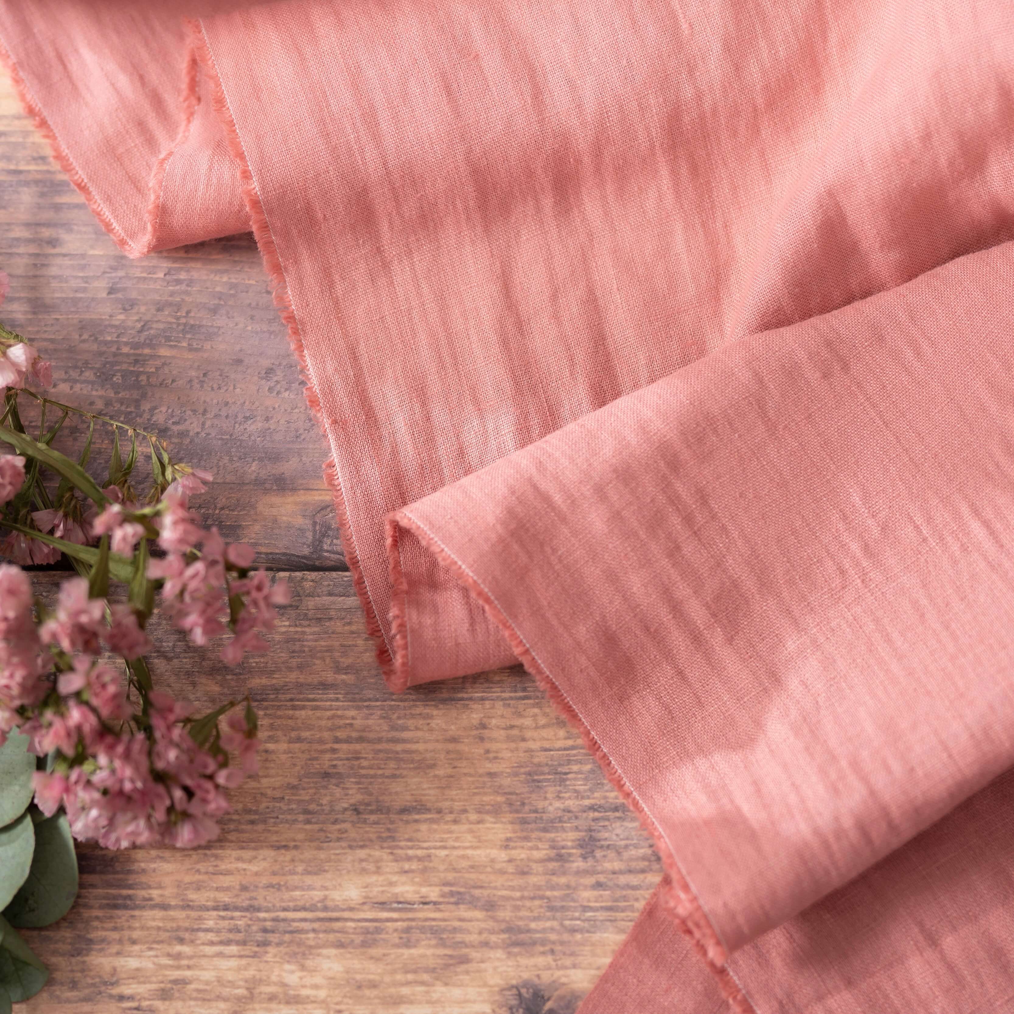 Rose Pink linen fabric, ready to cut, with flowers